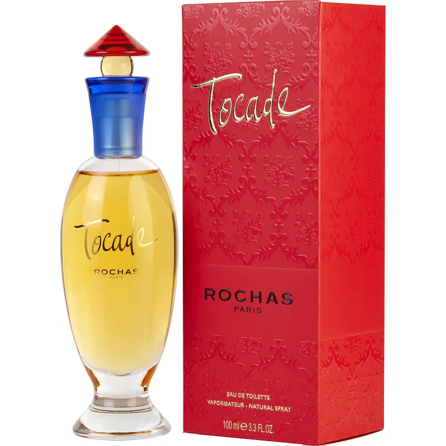 Rochas Tocade Eau de Toilette perfume bottle with red box, 100ml natural spray, golden liquid, blue cap