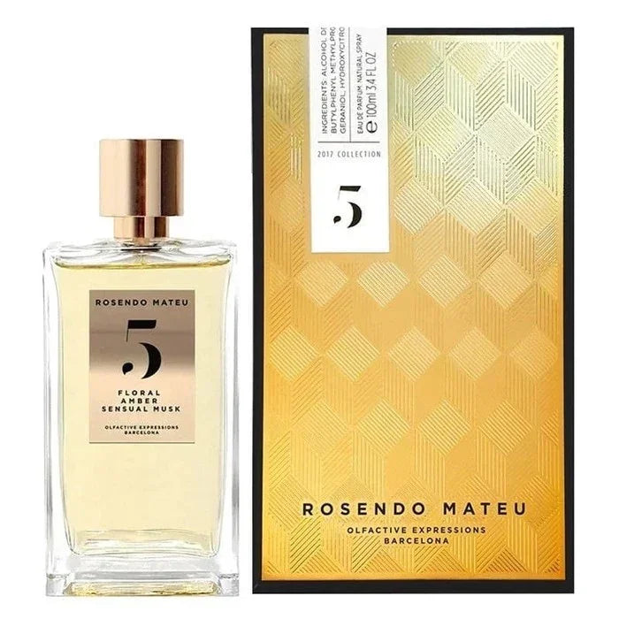 Rosendo Mateu No.5 Floral Amber Sensual Musk perfume bottle with gold packaging, 100ml