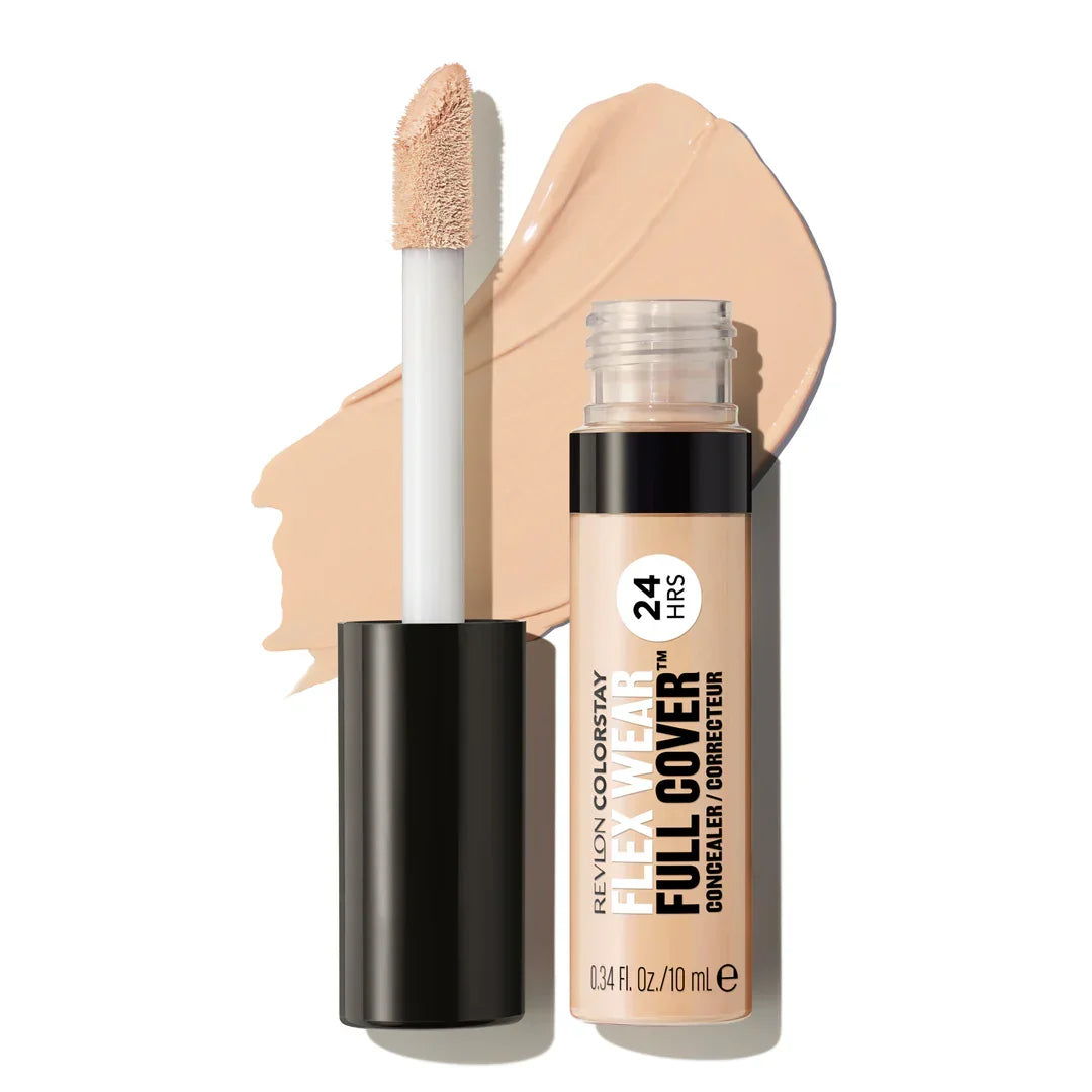 Revlon ColorStay Flex Wear Full Cover Concealer with 24-hour wear, shown with applicator and swatch