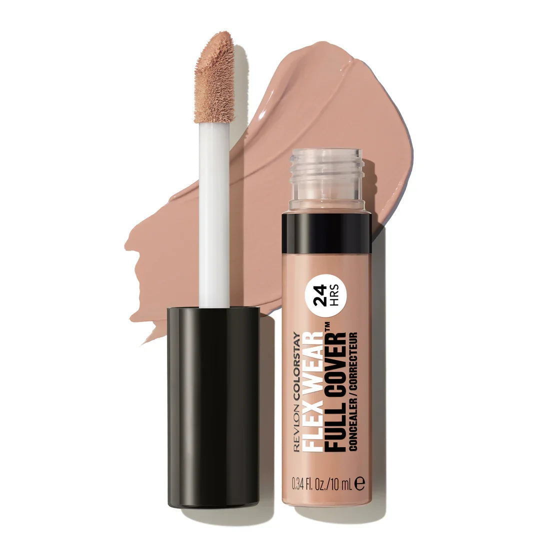 Revlon ColorStay Flex Wear Full Cover Concealer with 24-hour wear, shown with applicator and swatch