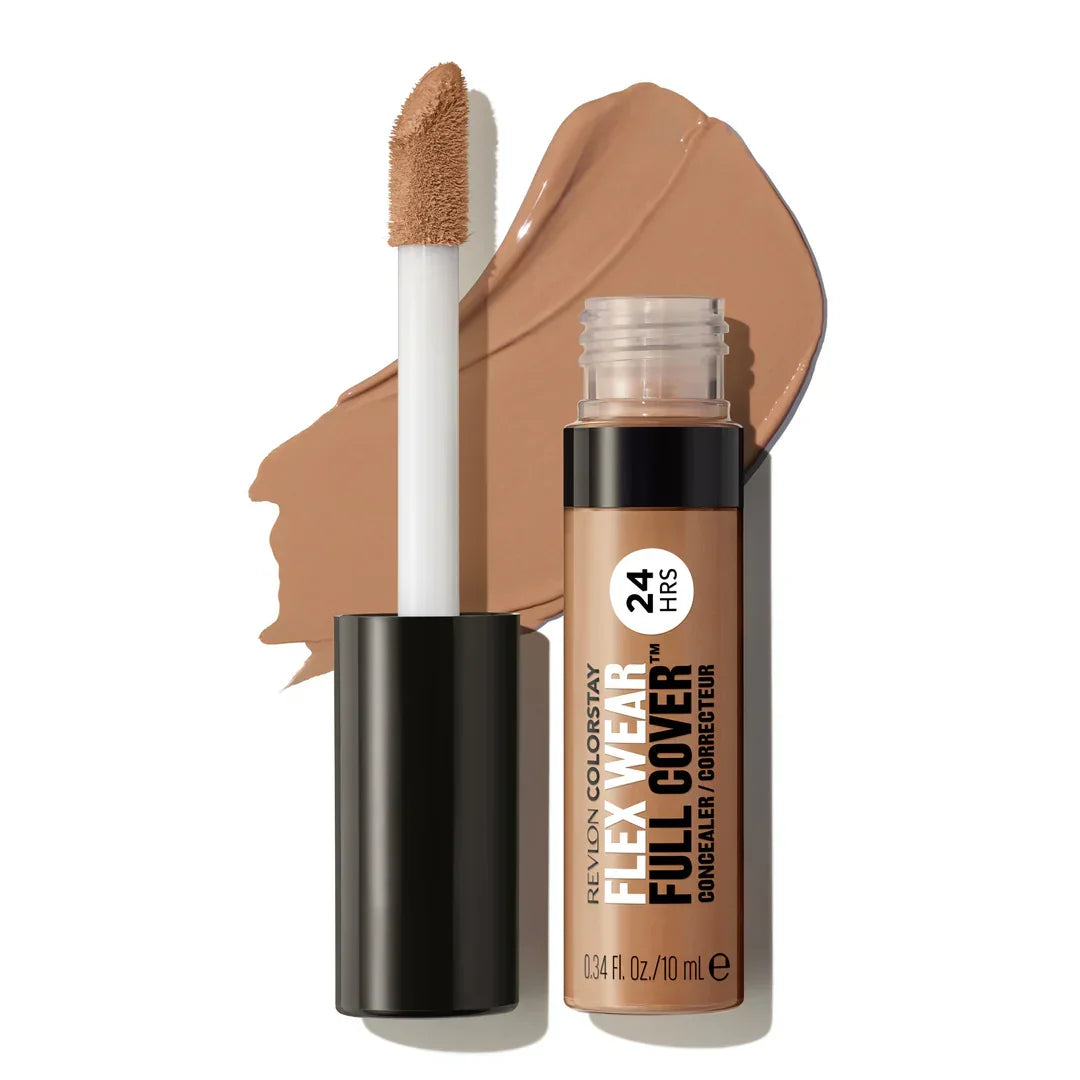 Revlon ColorStay Flex Wear Full Cover Concealer in warm tone, 24-hour wear, with applicator and swatch shown