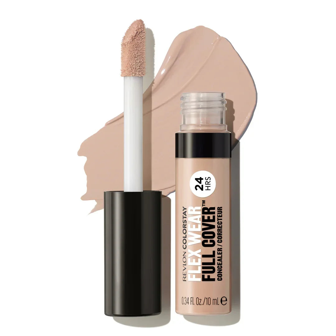Revlon ColorStay Flex Wear Full Cover Concealer with 24-hour wear, shown with applicator and swatch