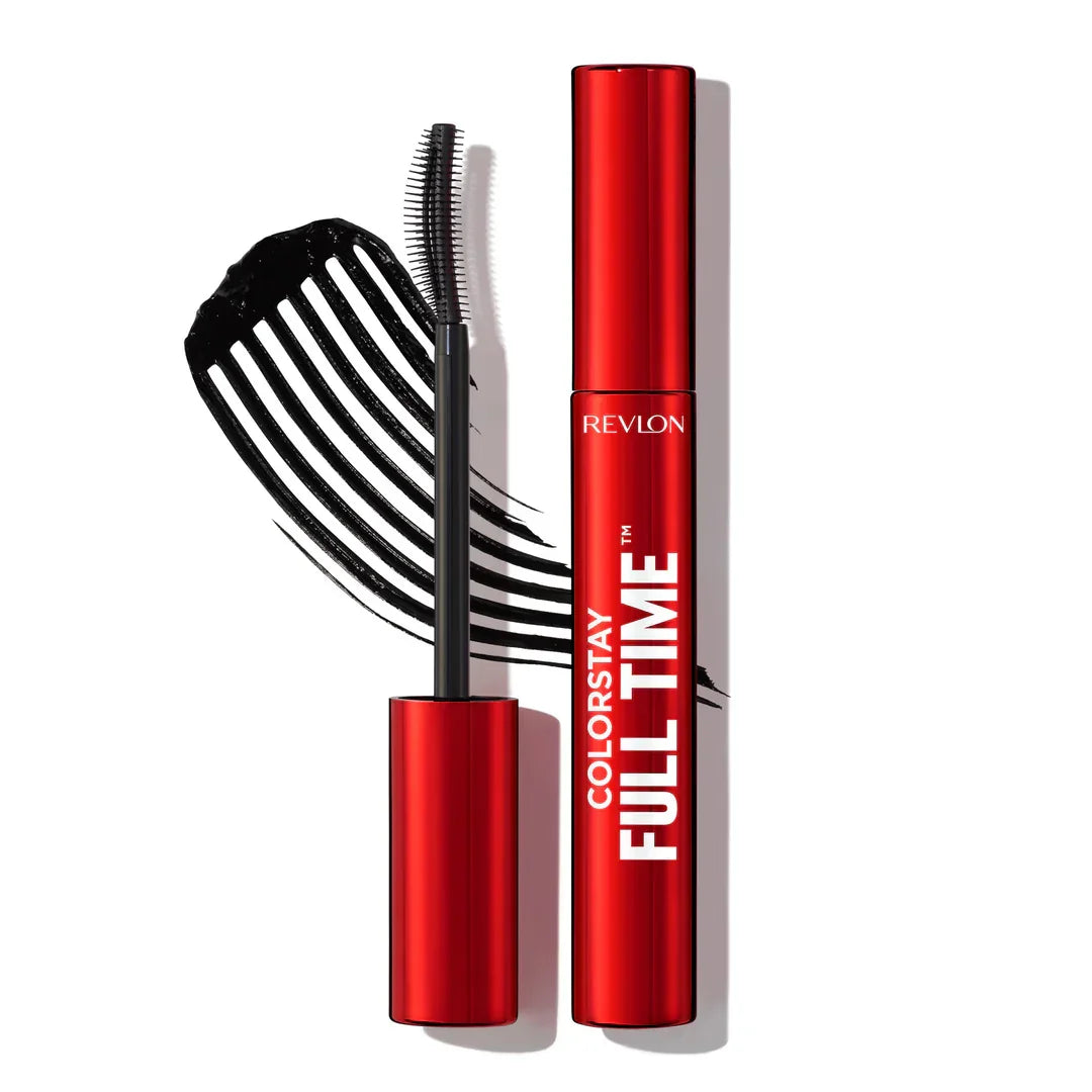 Revlon ColorStay Full Time mascara with bold black swipe, vibrant red tube, perfect for dramatic lashes
