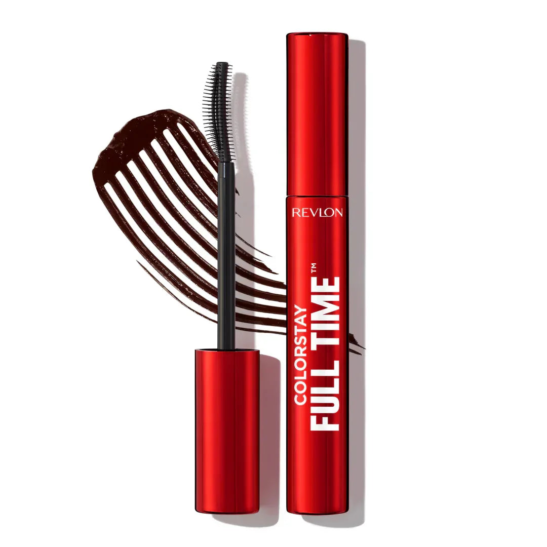 Revlon ColorStay Full Time mascara with bold brown swatch, long-wear cosmetic for defined lashes