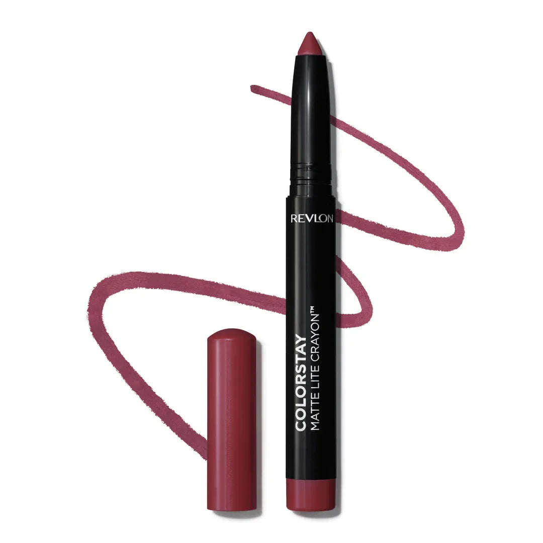 Revlon ColorStay Matte Lite Crayon lipstick in deep burgundy shade with swatch