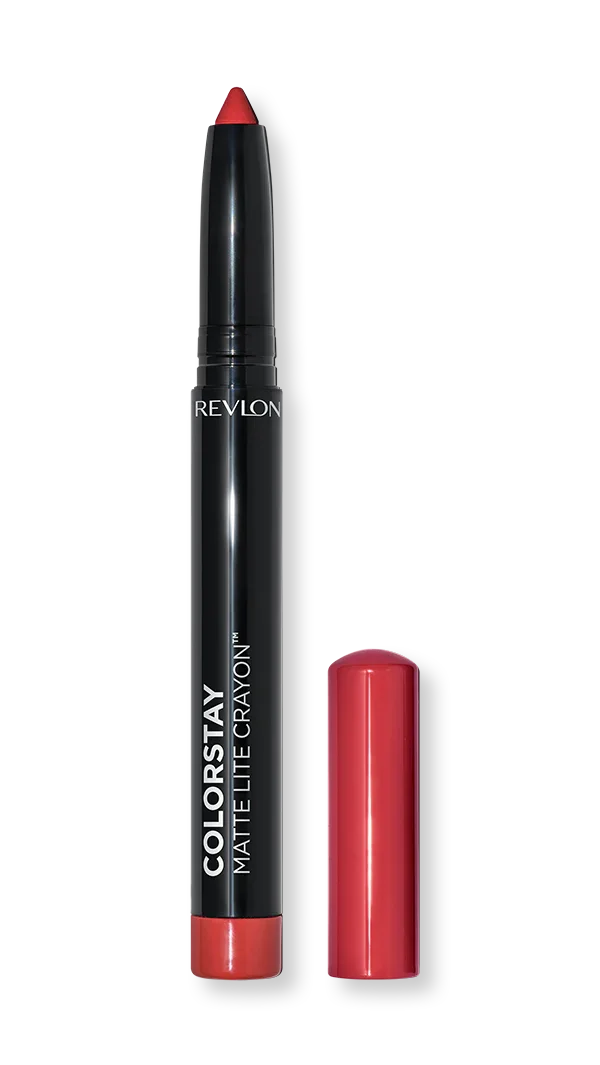 Revlon ColorStay Matte Lite Crayon lipstick in bold red shade, sleek black tube with cap off