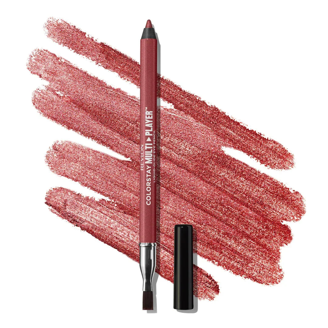Revlon ColorStay Multi-Player liquid glide eye pencil with shimmering red swatches, perfect for bold eye makeup looks.