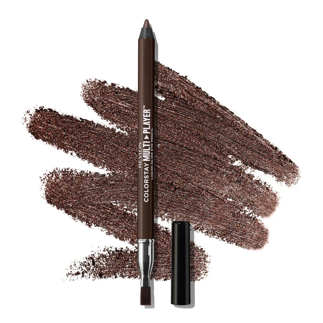 Revlon ColorStay Multi-Player liquid glide eye pencil with shimmer swatches, perfect for bold eye makeup looks.