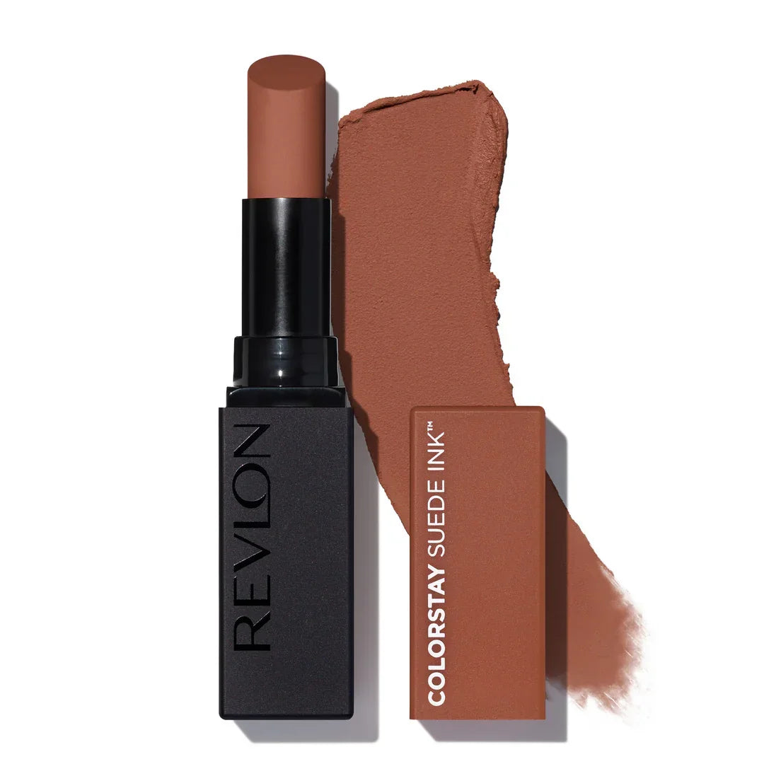 Revlon Colorstay Suede Ink matte lipstick in warm brown shade with swatch