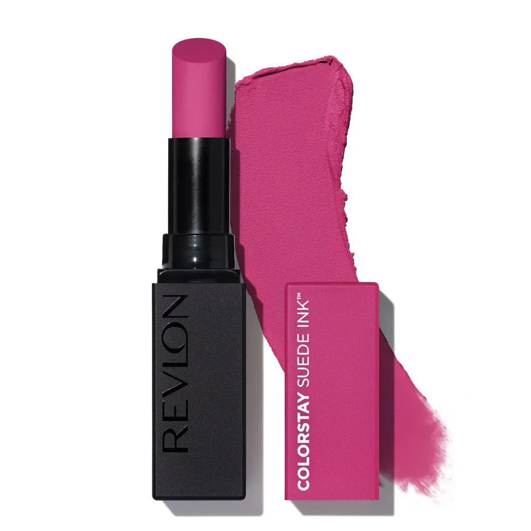 Revlon Colorstay Suede Ink matte lipstick in vibrant pink with swatch, beauty cosmetics