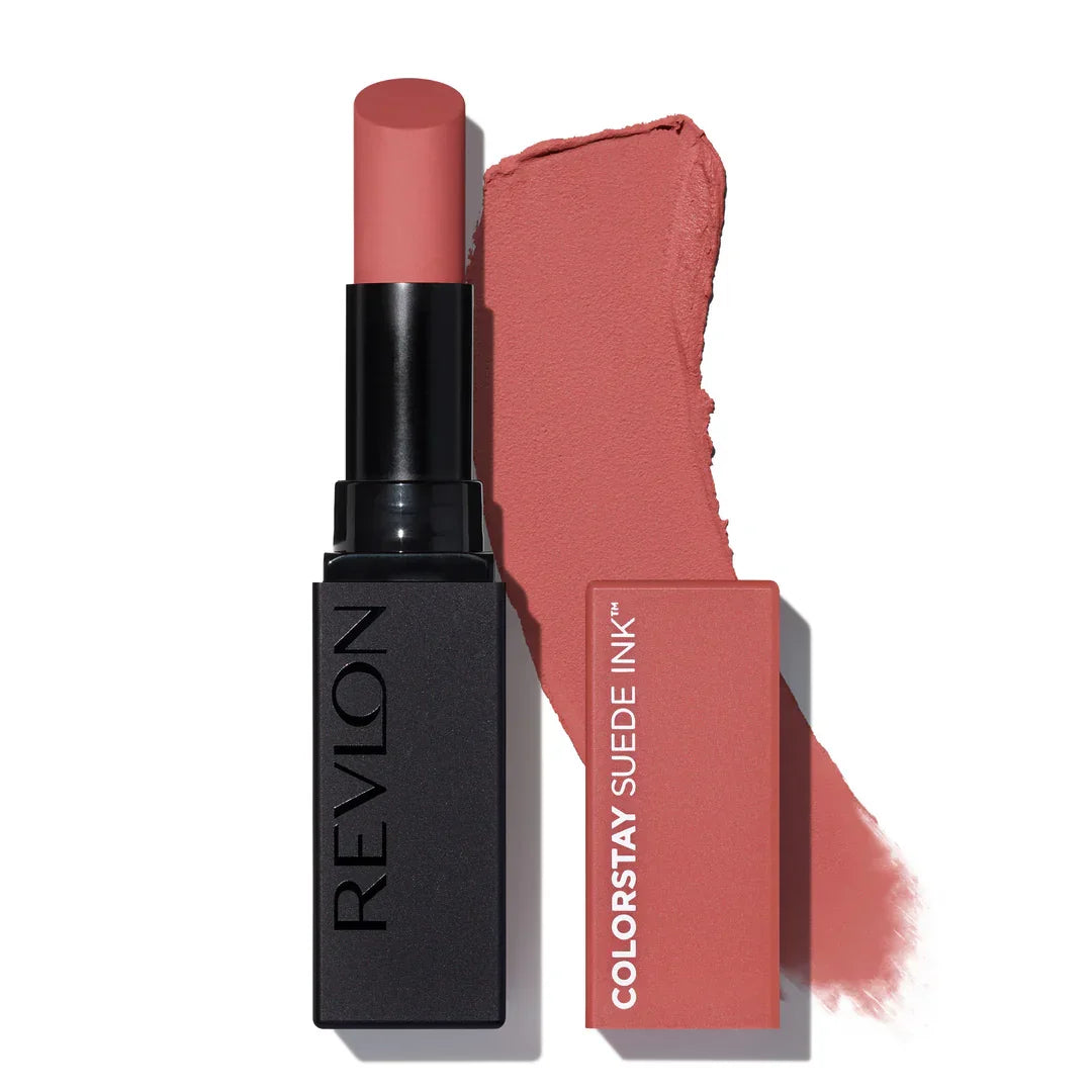 Revlon Colorstay Suede Ink matte lipstick in warm nude shade with swatch, beauty cosmetics