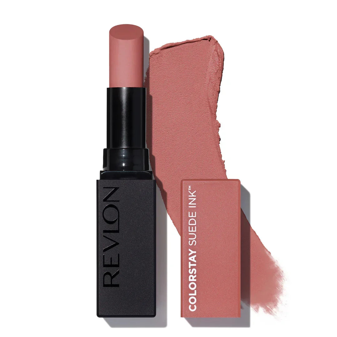 Revlon ColorStay Suede Ink matte lipstick with swatch, nude pink shade for everyday wear