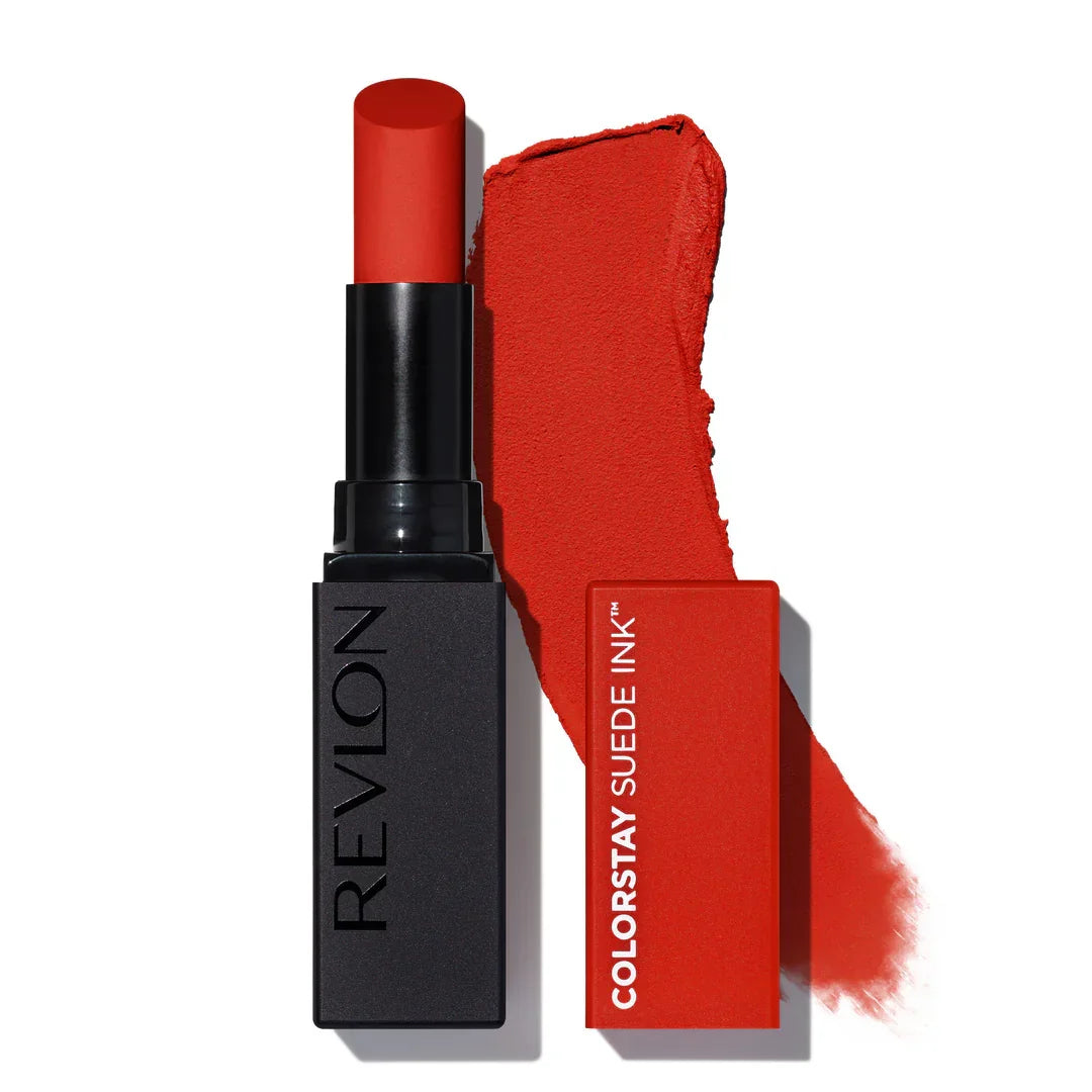 Revlon Colorstay Suede Ink matte lipstick in bold red shade with swatch, perfect for long-wear lip color