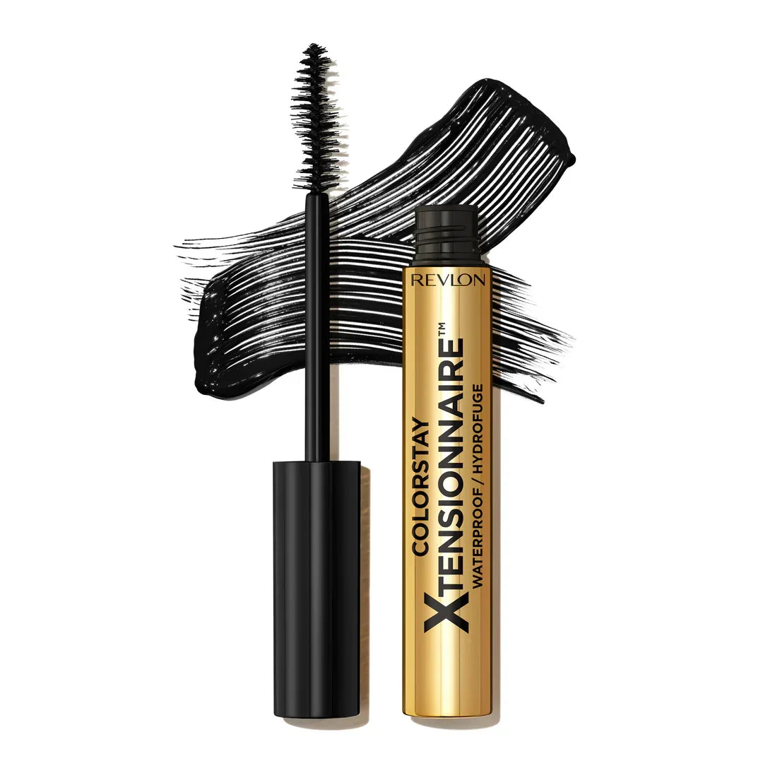 Revlon ColorStay Xtensionnaire waterproof mascara with wand and black swatch on white background