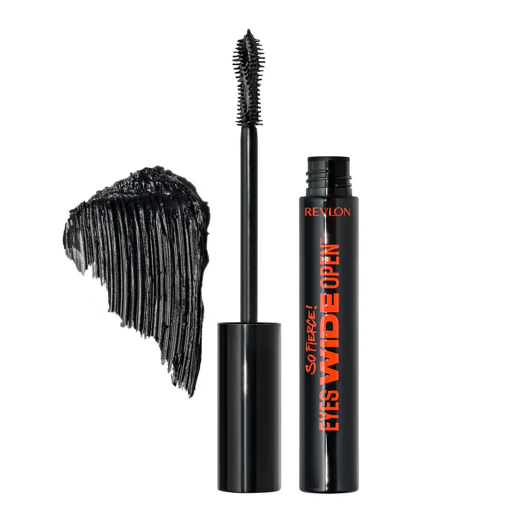 Revlon So Fierce! Eyes Wide Open mascara with wand and black swatch, bold volume makeup