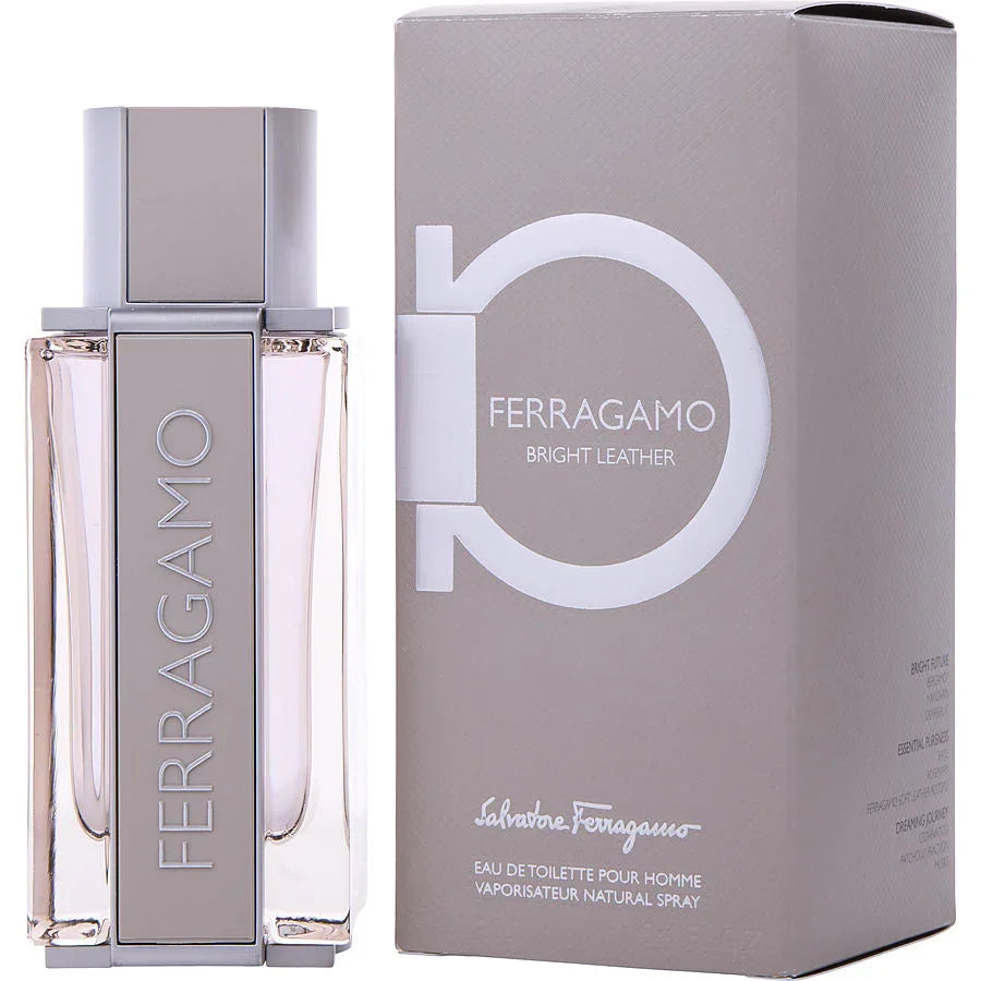 Ferragamo Bright Leather Eau de Toilette for men with sleek bottle and gray packaging