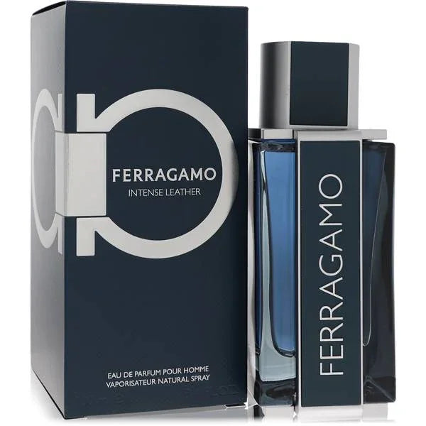 Ferragamo Intense Leather Eau de Parfum for Men, sleek blue bottle with dark packaging, luxury fragrance