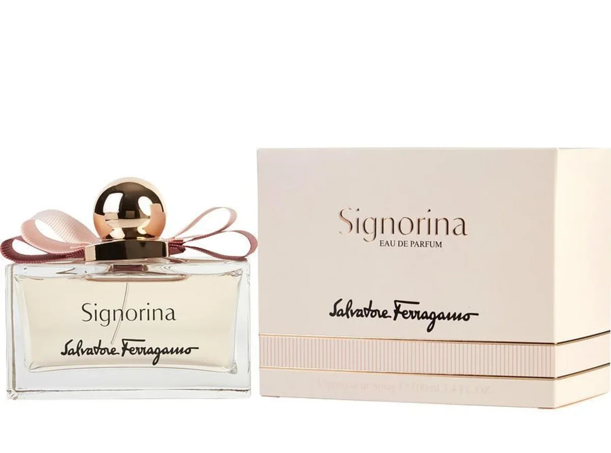 Salvatore Ferragamo Signorina Eau de Parfum bottle with ribbon and gift box, luxury women's fragrance