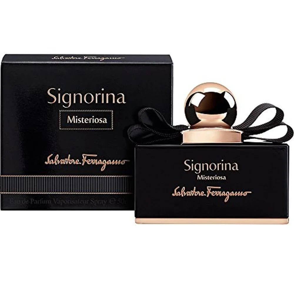 Salvatore Ferragamo Signorina Misteriosa Eau de Parfum bottle and box, luxury fragrance with black ribbon