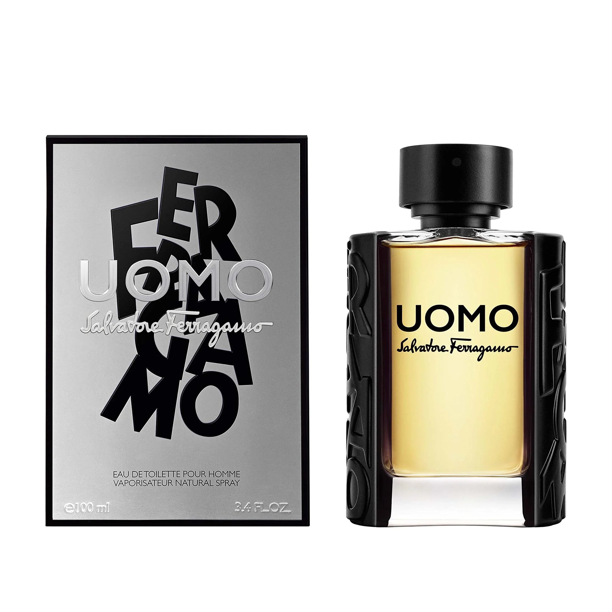 Salvatore Ferragamo Uomo Eau de Toilette for Men, 100ml bottle with sleek black design and silver packaging