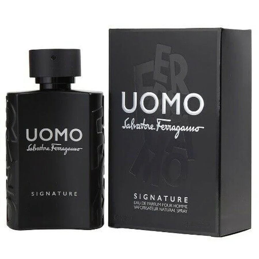 Salvatore Ferragamo Uomo Signature Eau de Parfum for men, black bottle and box, luxury fragrance