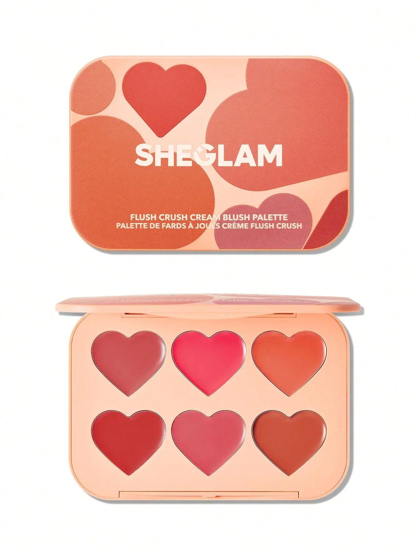 SHEGLAM Flush Crush Cream Blush Palette with six heart-shaped blush shades in pink and coral tones
