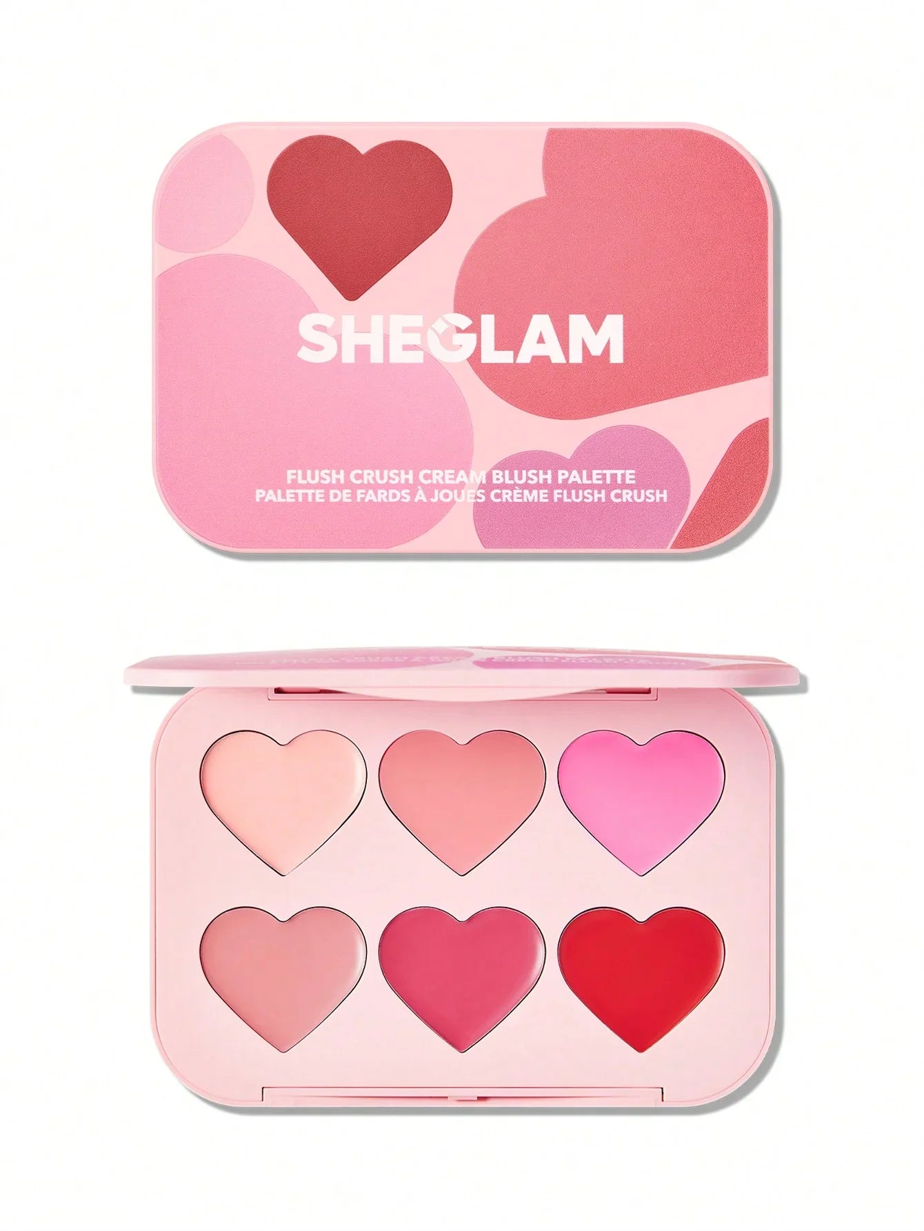 Sheglam Flush Crush Cream Blush Palette with six heart-shaped blush shades in pink tones