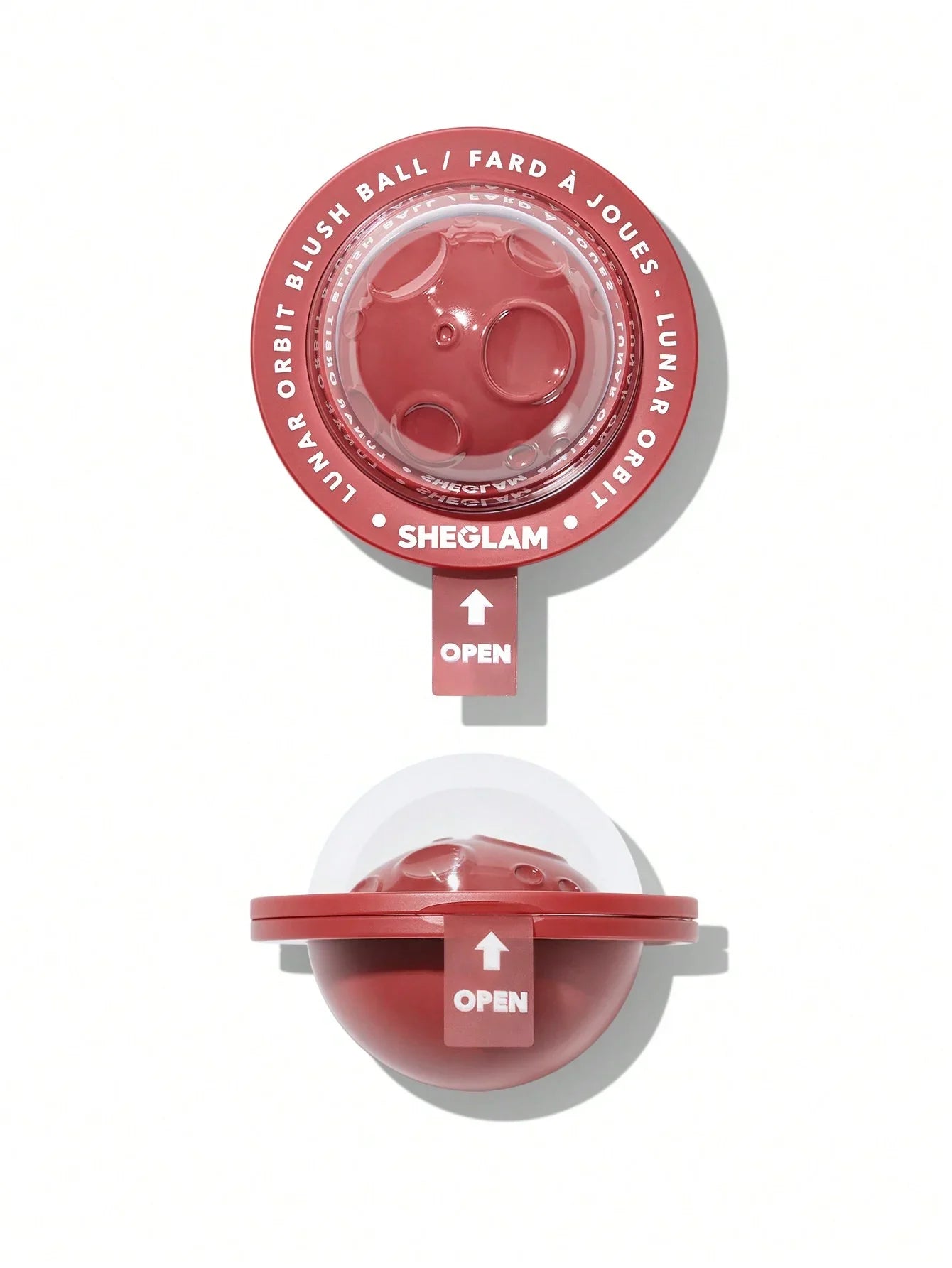 SHEGLAM Lunar Orbit Blush Ball in red, open and closed views, cosmetic blush product