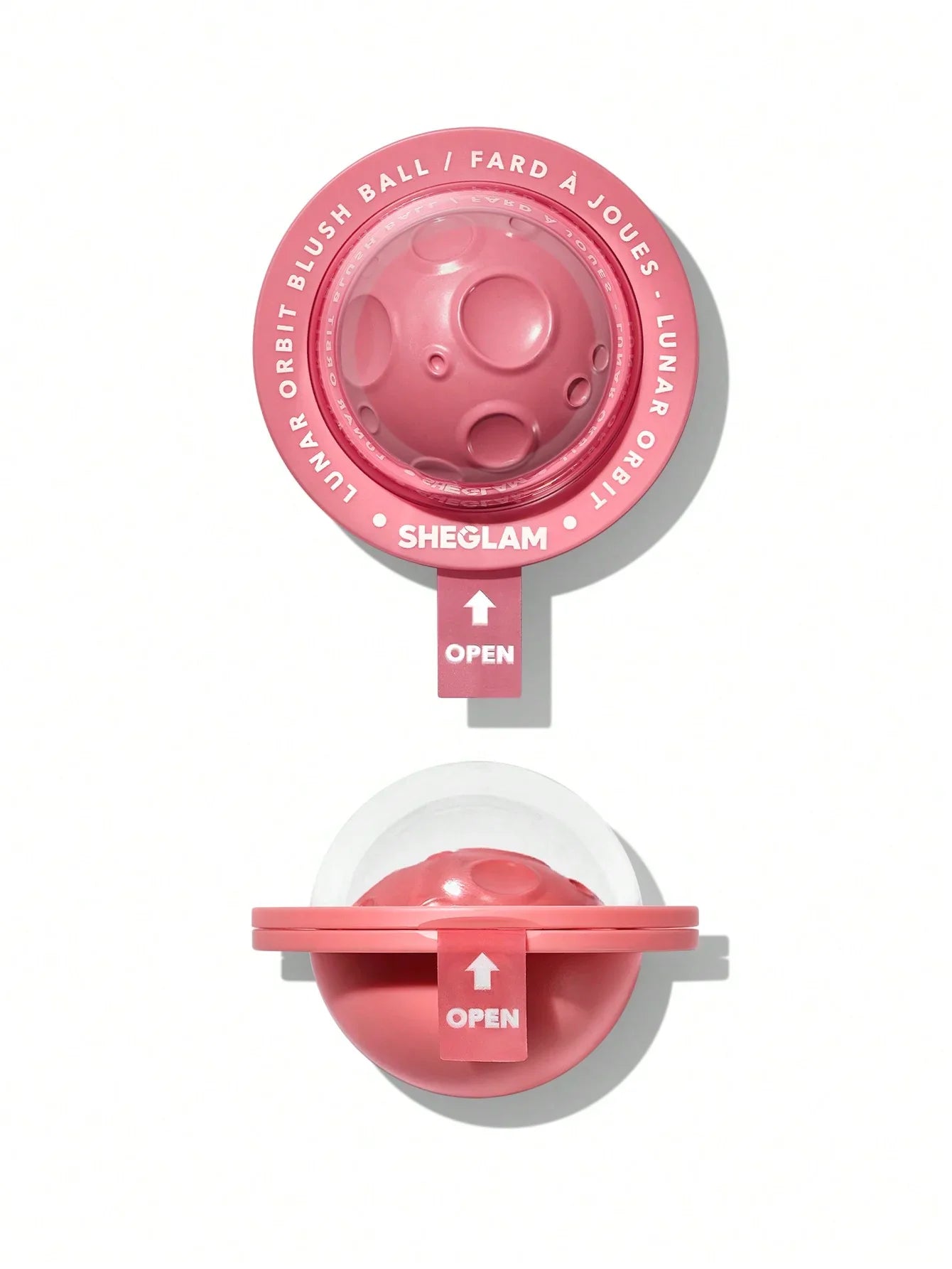 Sheglam Lunar Orbit Blush Ball in pink, featuring a planet-textured blush with open lid design