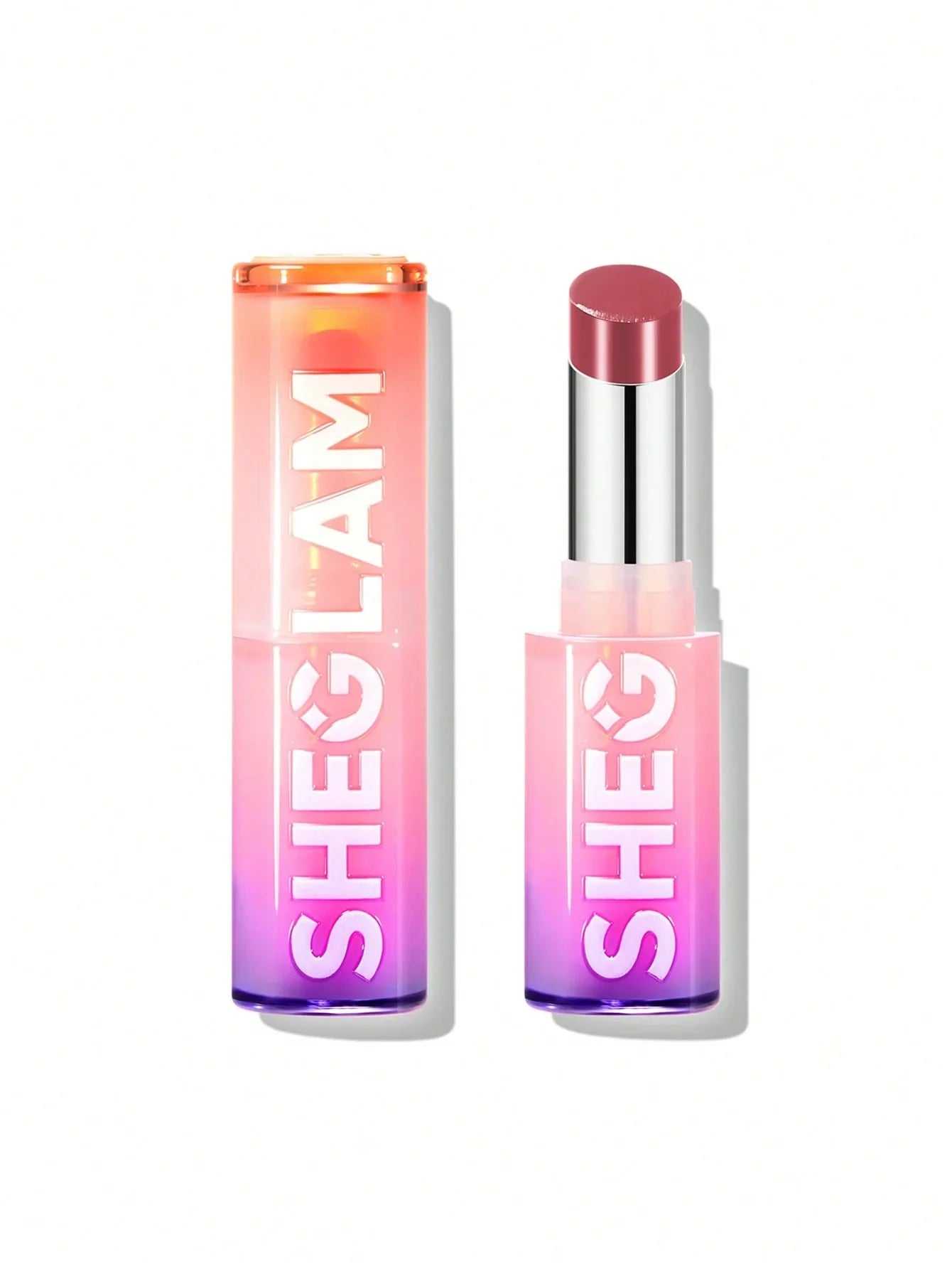 Sheglam gradient lip balm in pink and purple packaging, open to show creamy matte finish