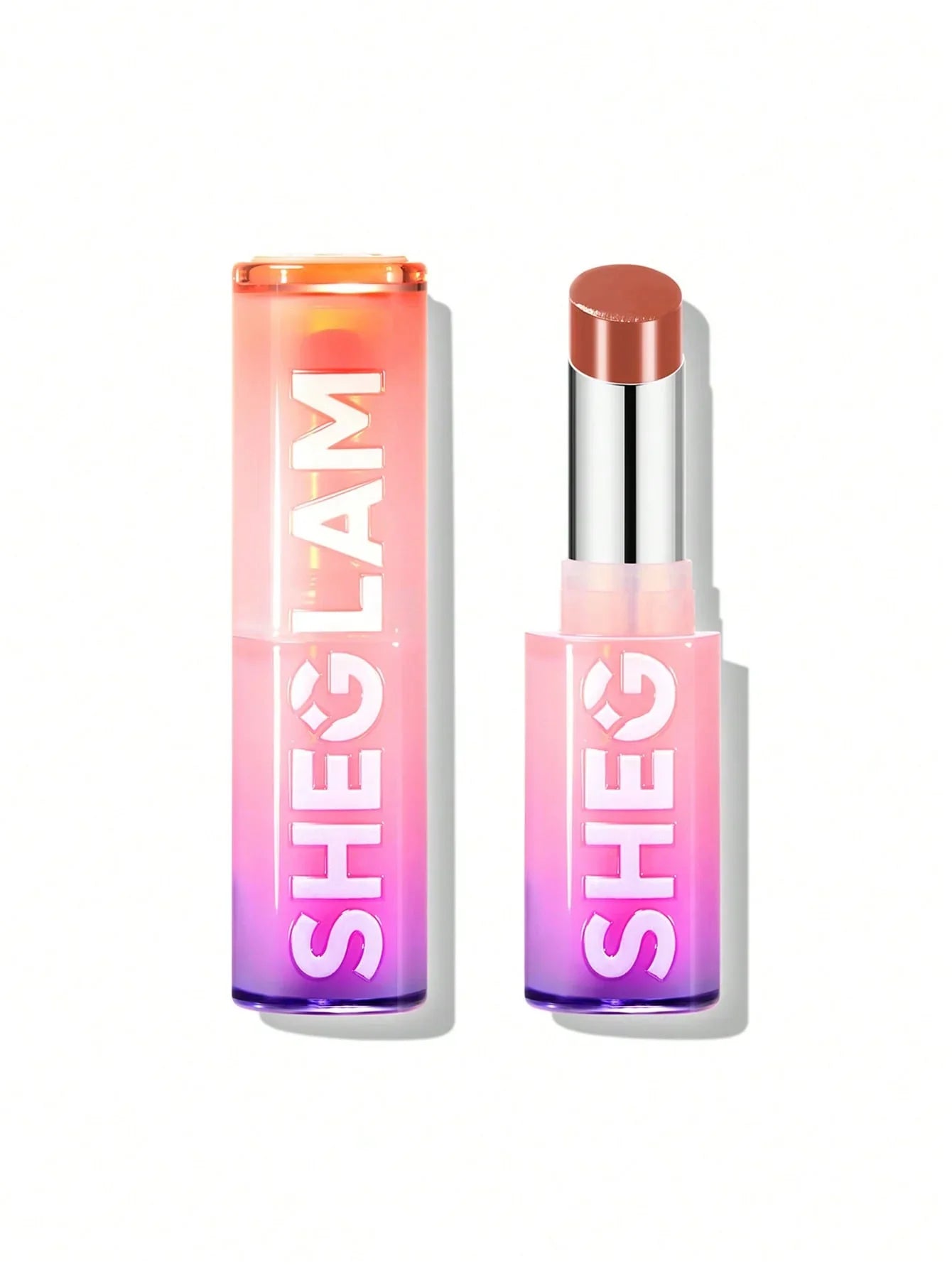 Sheglam lipstick with gradient pink-purple tube and nude shade, beauty makeup product