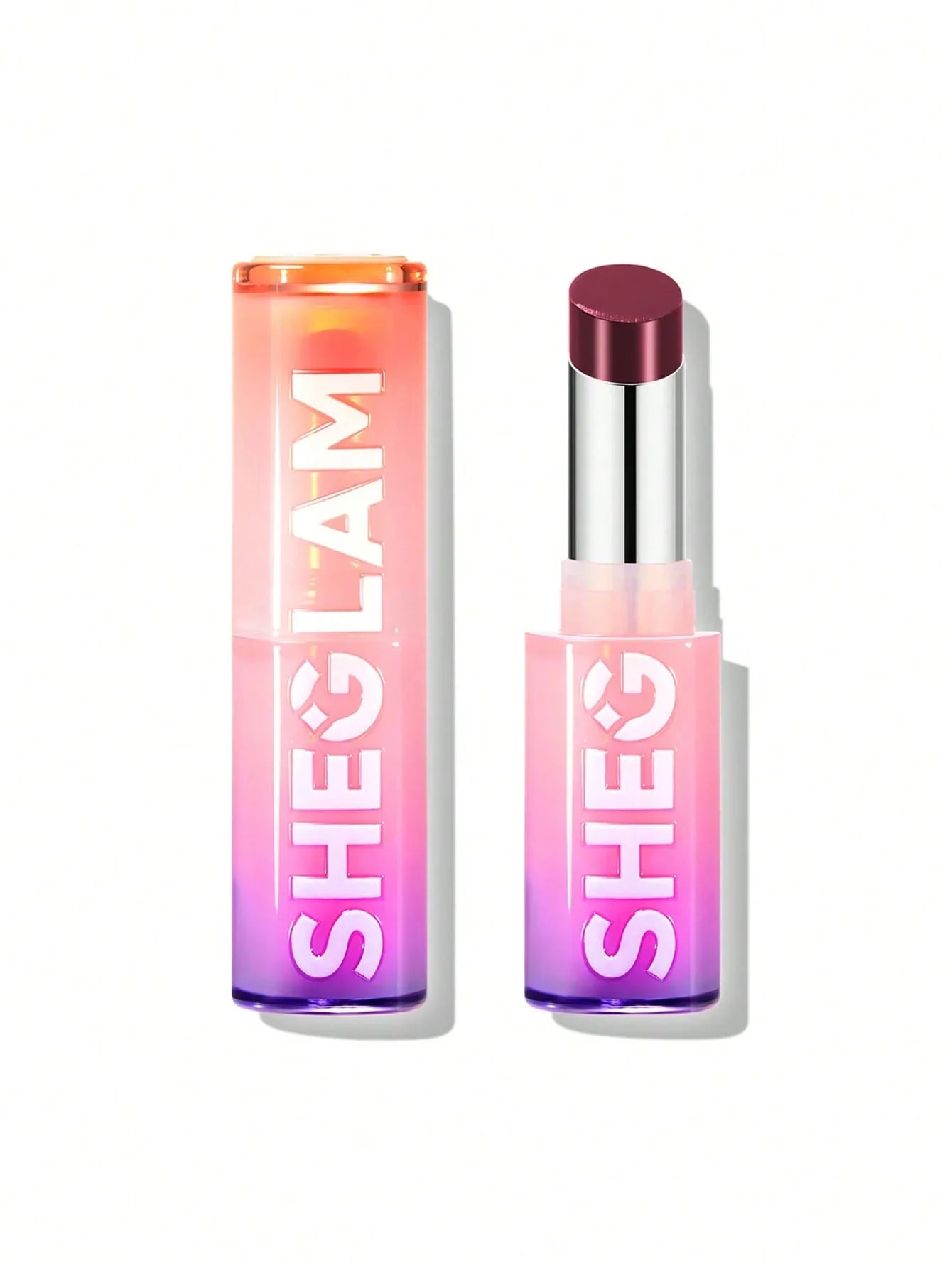 Sheglam gradient lip balm in vibrant pink to purple tube, matte burgundy shade, beauty cosmetics
