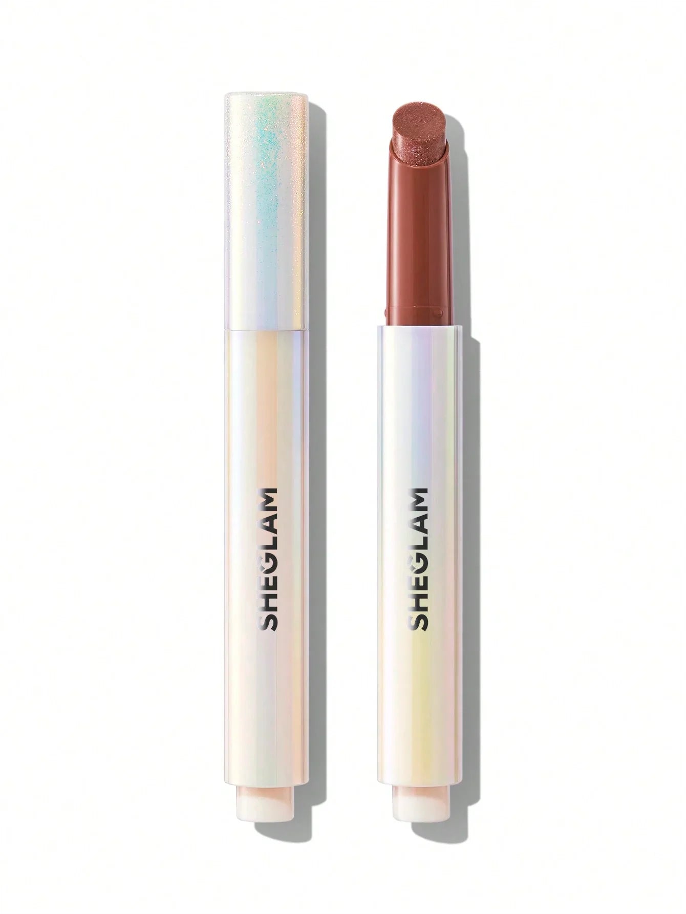 Sheglam shimmer lip crayon in nude brown, iridescent tube, beauty makeup product