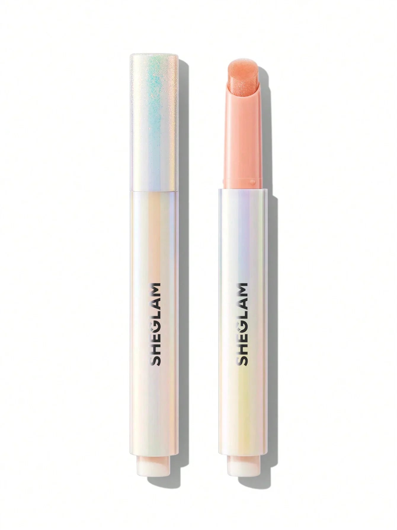 Sheglam shimmer lip gloss with iridescent tube, peachy-pink glossy finish for radiant lips