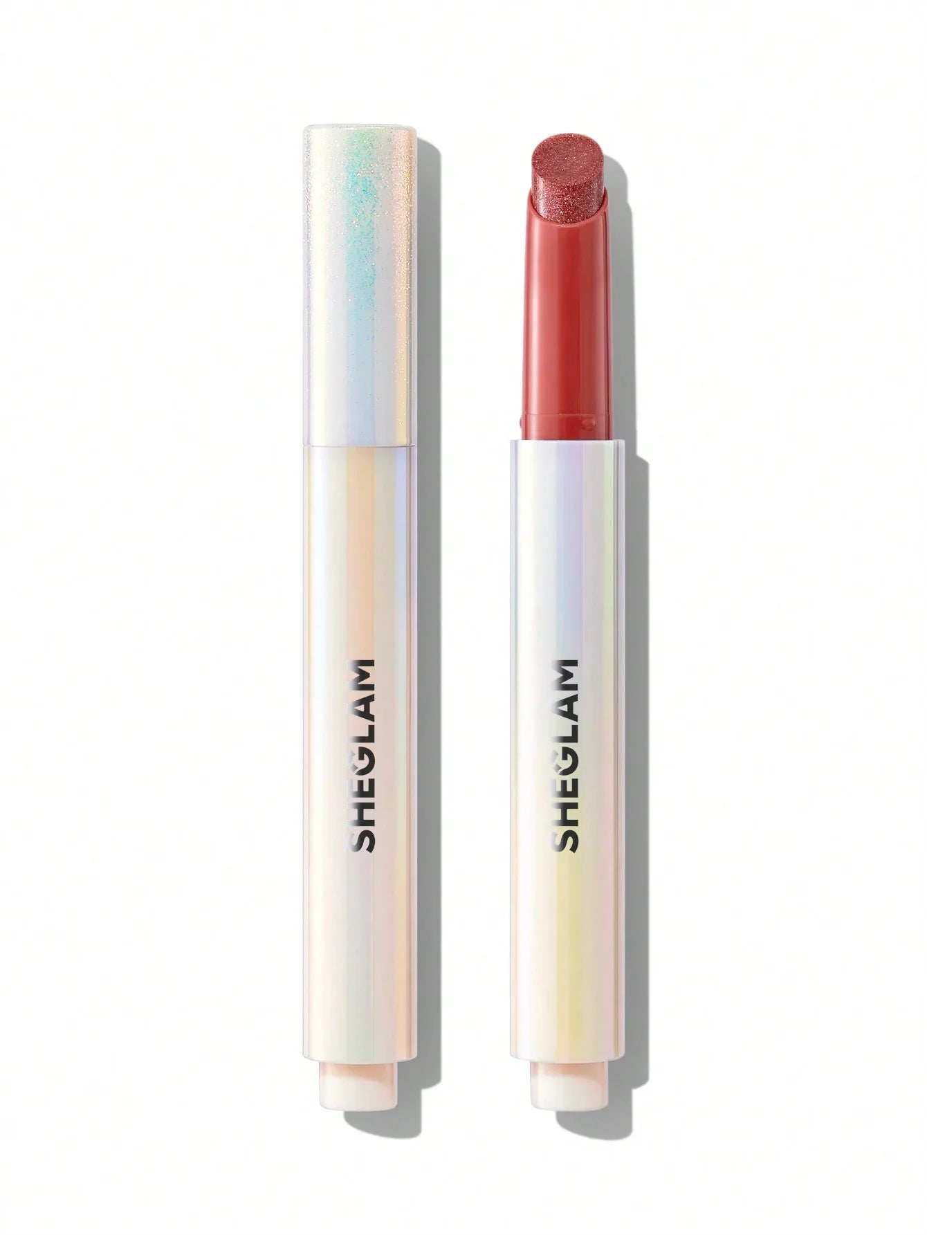Sheglam glitter lip crayon in shimmering red, iridescent tube, beauty makeup product