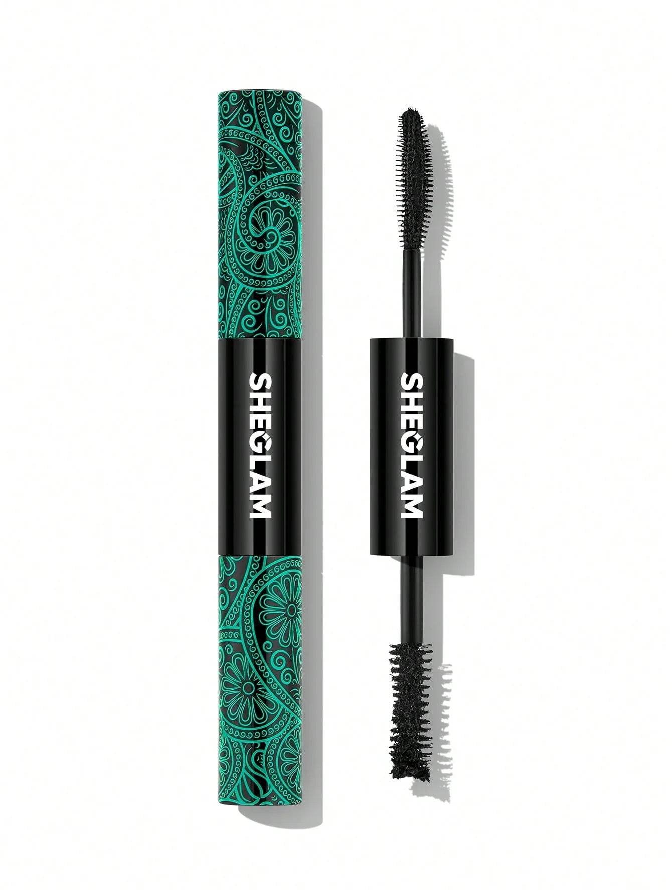 Sheglam mascara with teal paisley tube and dual-ended wand for volumizing lashes