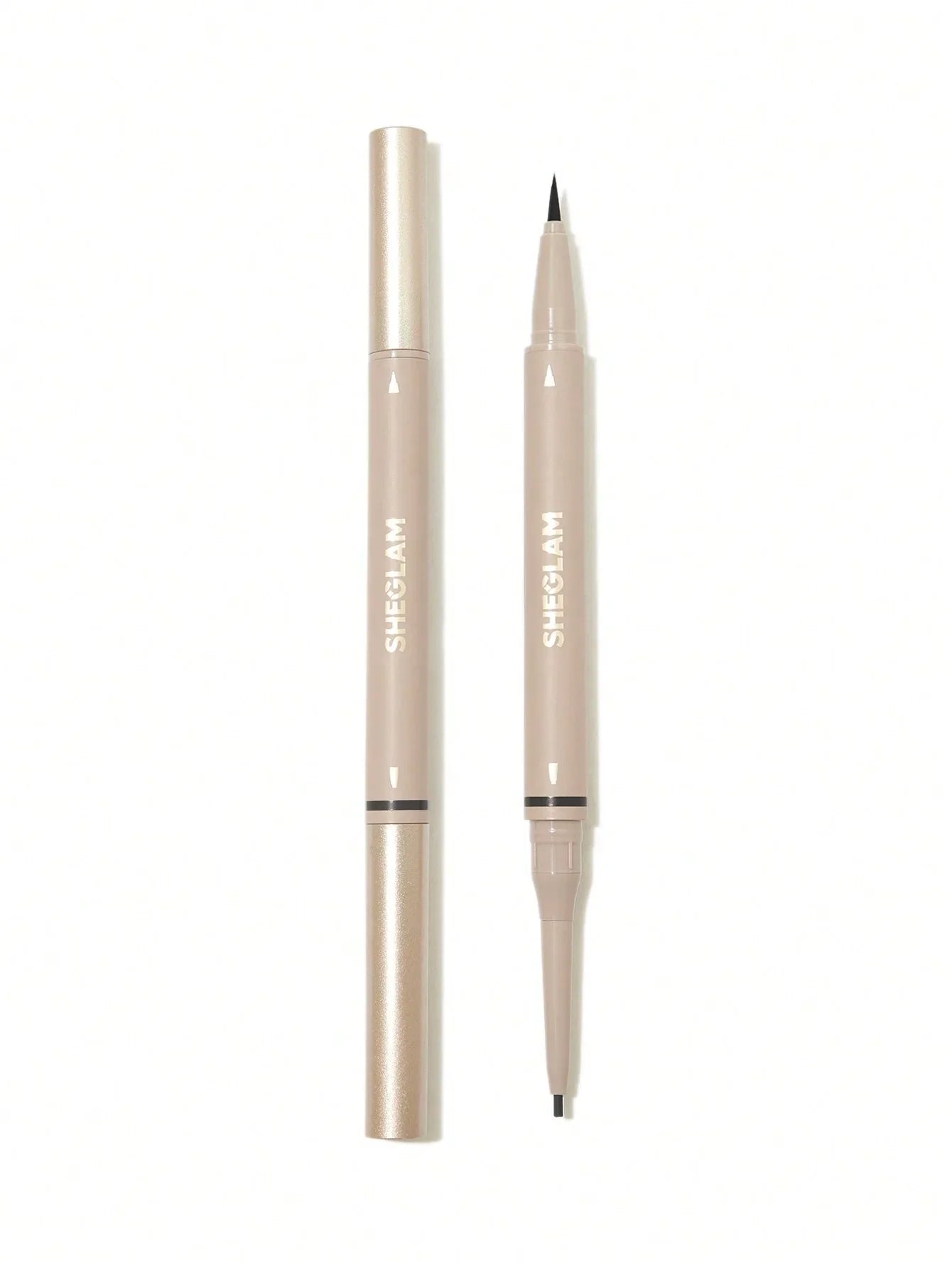 SHEGLAM dual-ended eyeliner pen with fine tip and smudger, beige packaging