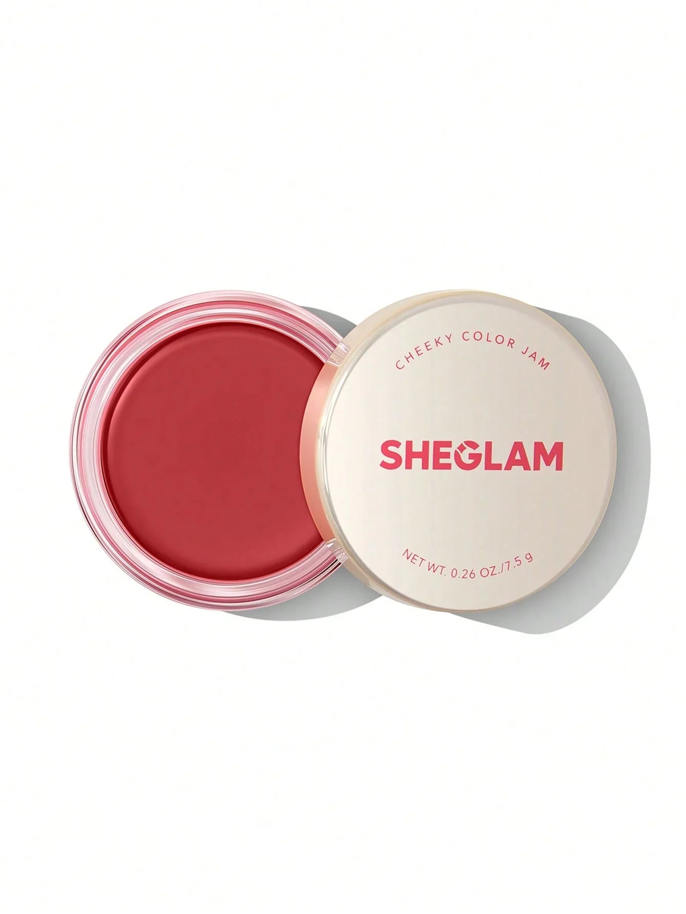 SHEGLAM Cheeky Color Jam blush in rosy pink, creamy texture, open jar with lid on white background