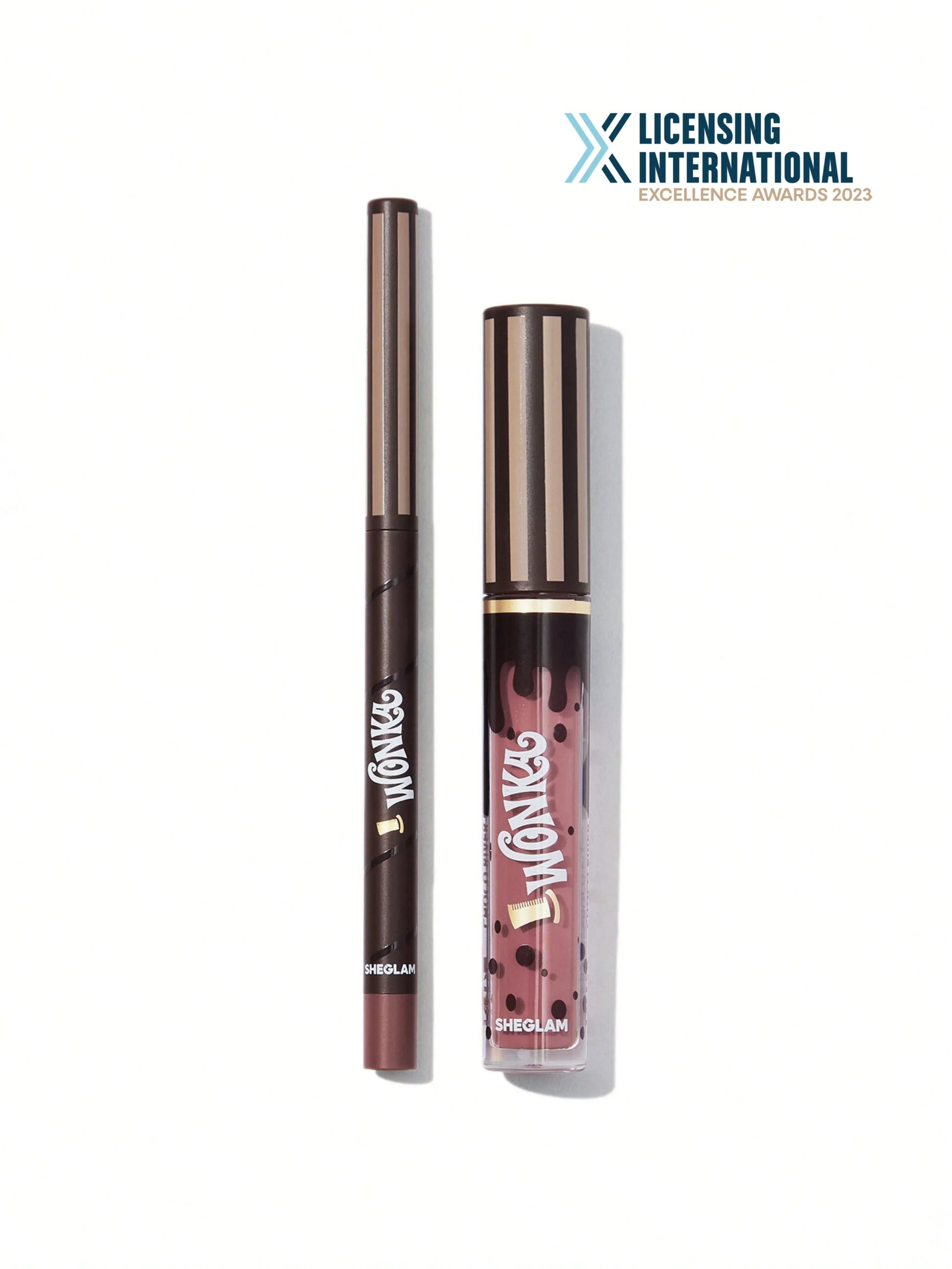 Wonka x Sheglam makeup set: eyeliner pencil & liquid lipstick with chocolate drip design, Licensing International 2023 award winner
