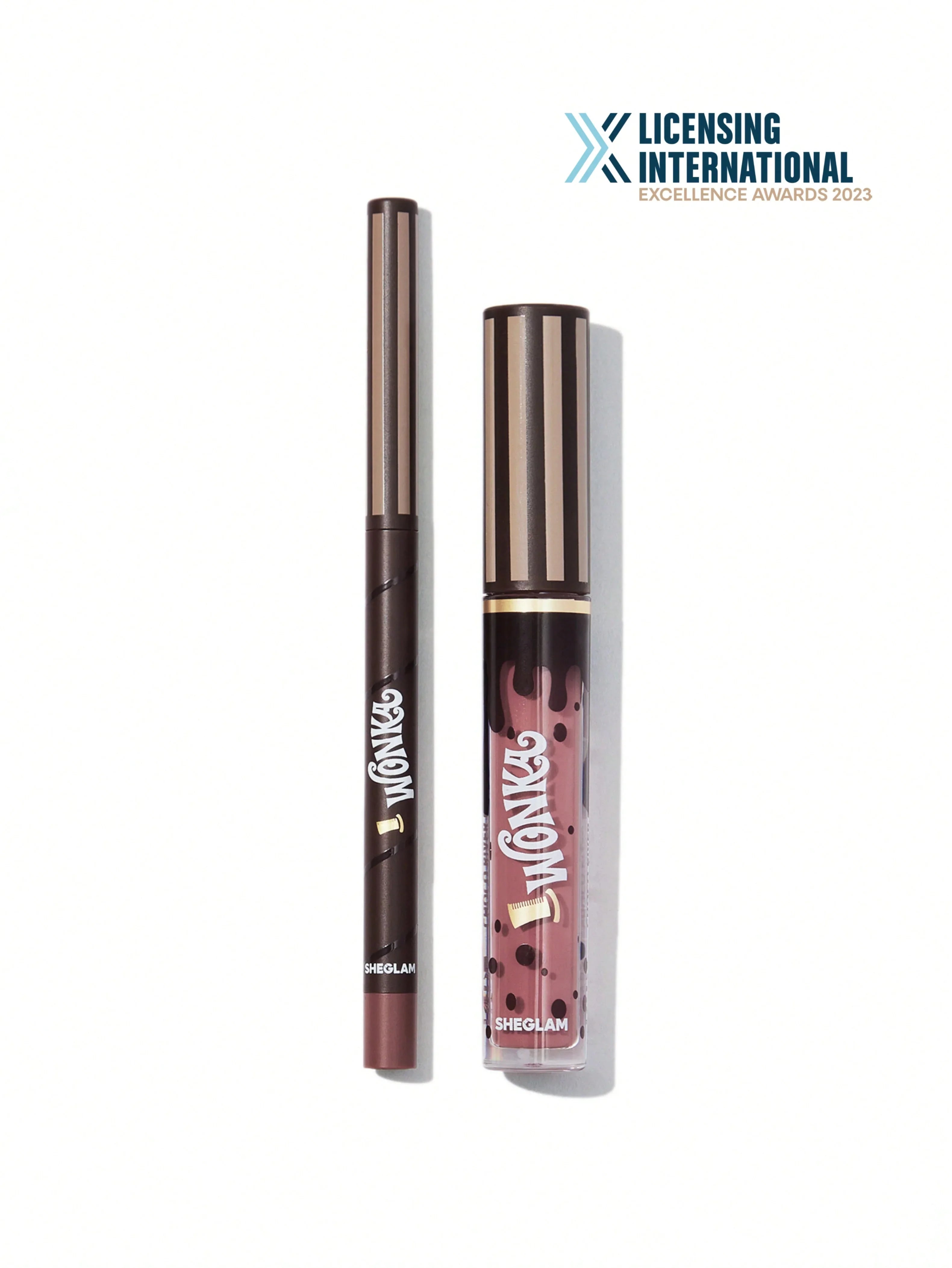 Wonka x Sheglam makeup set: eyeliner pencil & liquid lipstick with chocolate drip design, Licensing International 2023 award winner