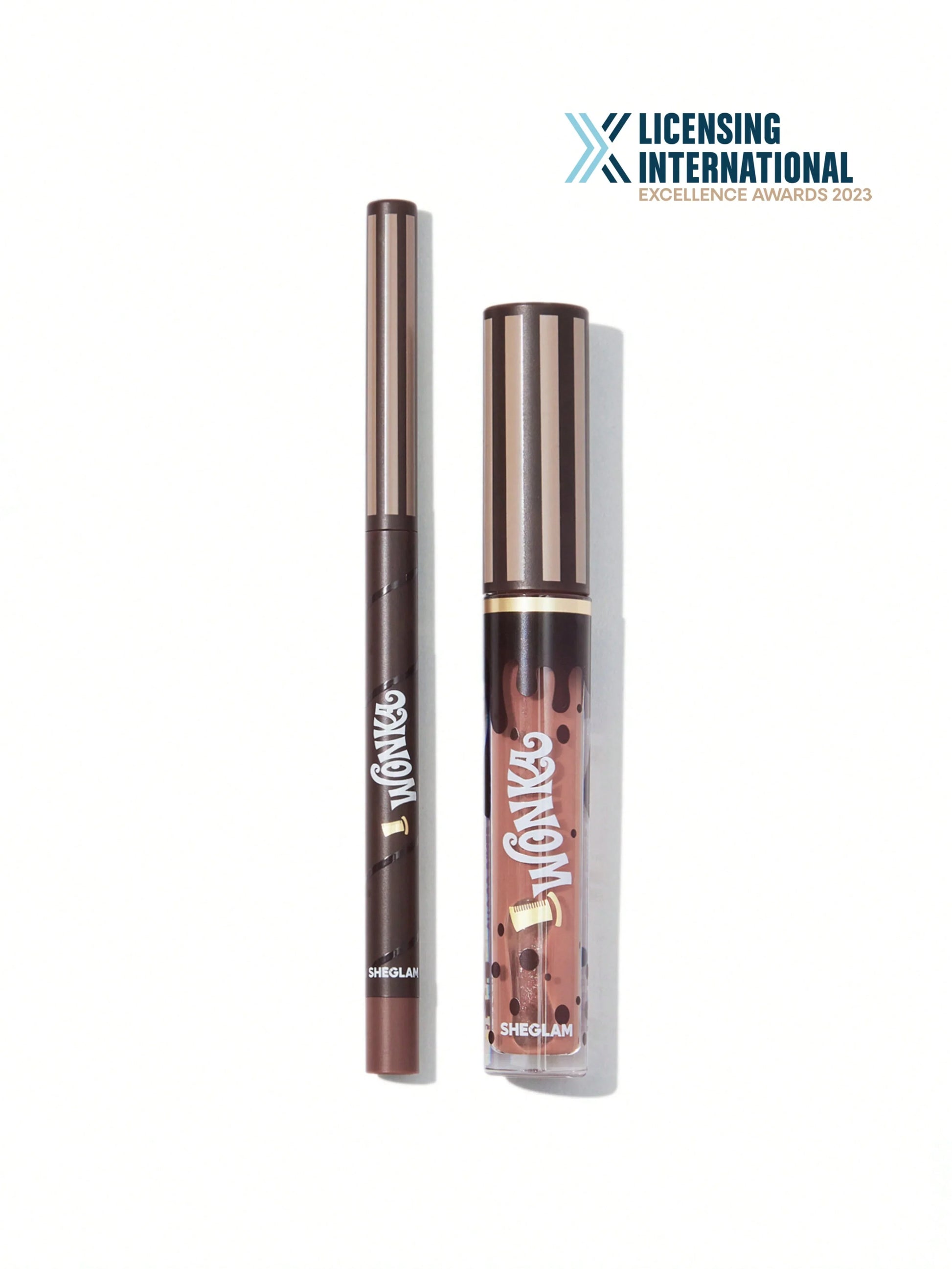Wonka-themed Sheglam eyeliner and lip gloss with Licensing International Excellence Awards 2023 logo