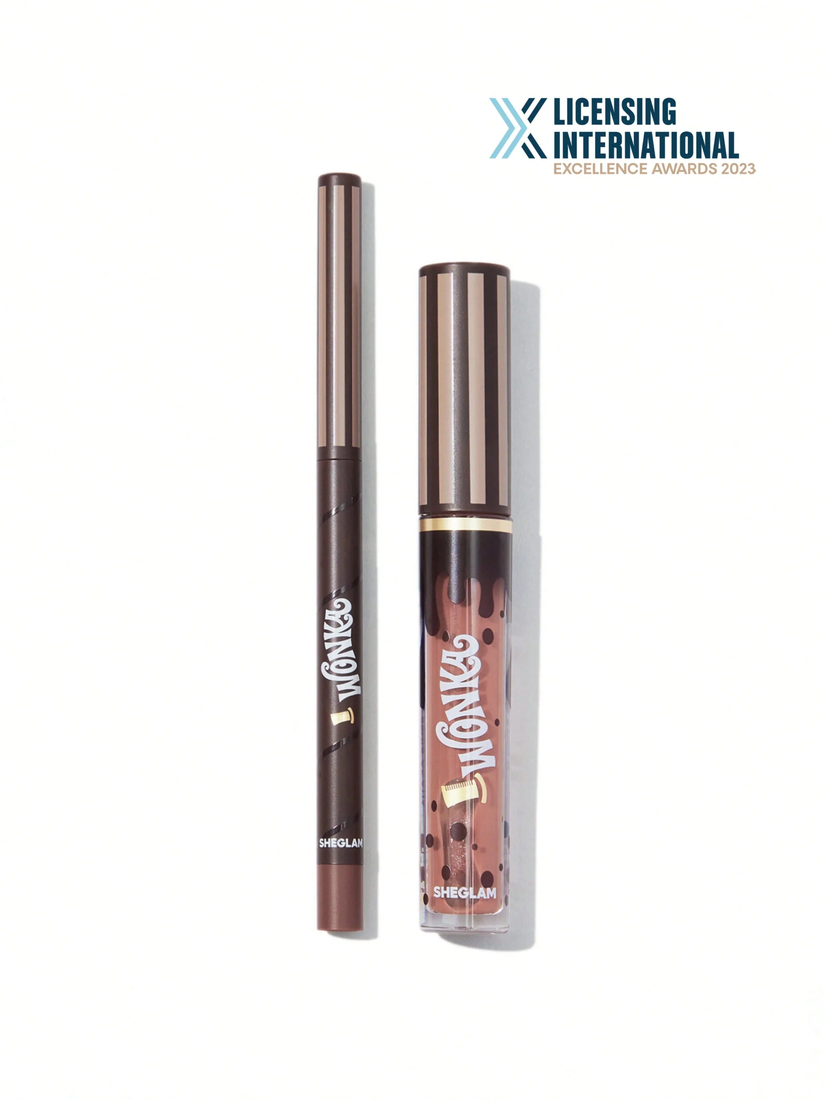 Wonka-themed Sheglam eyeliner and lip gloss with Licensing International Excellence Awards 2023 logo