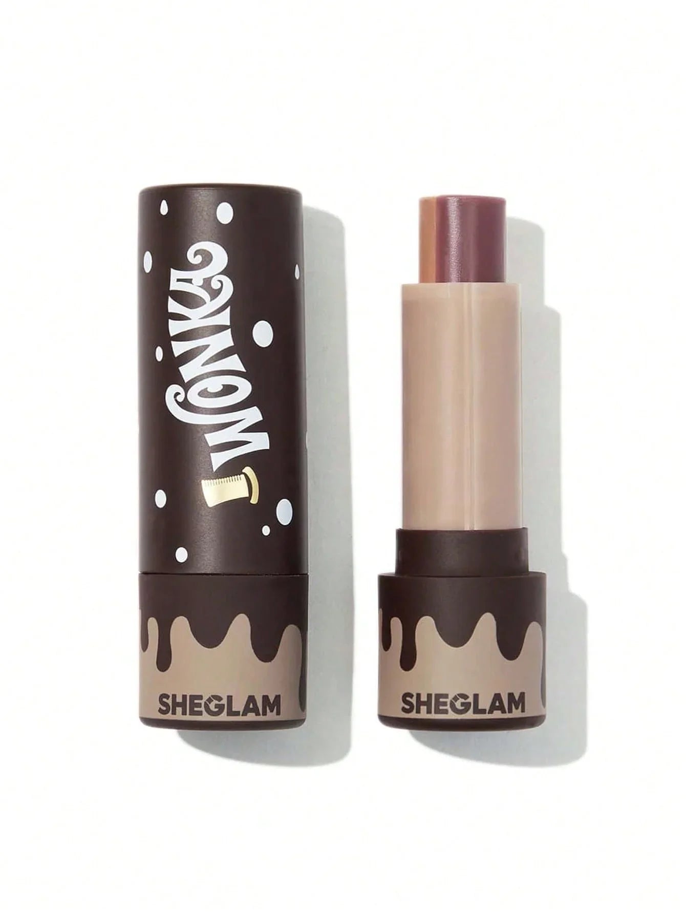 Sheglam Wonka chocolate-themed dual-ended lipstick with brown packaging and drip design