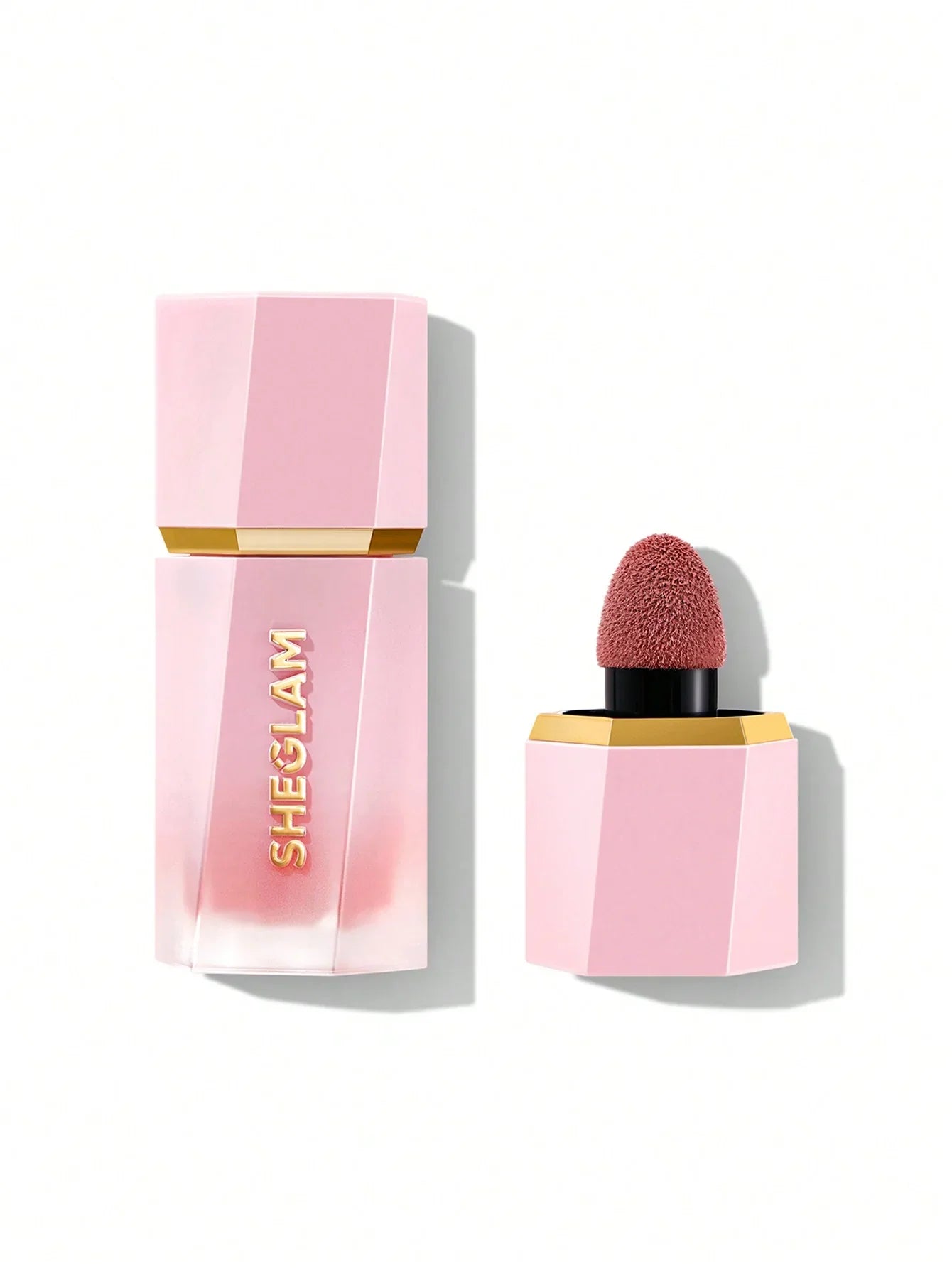 Sheglam pink liquid lipstick with gold accents and plush applicator, beauty cosmetics product