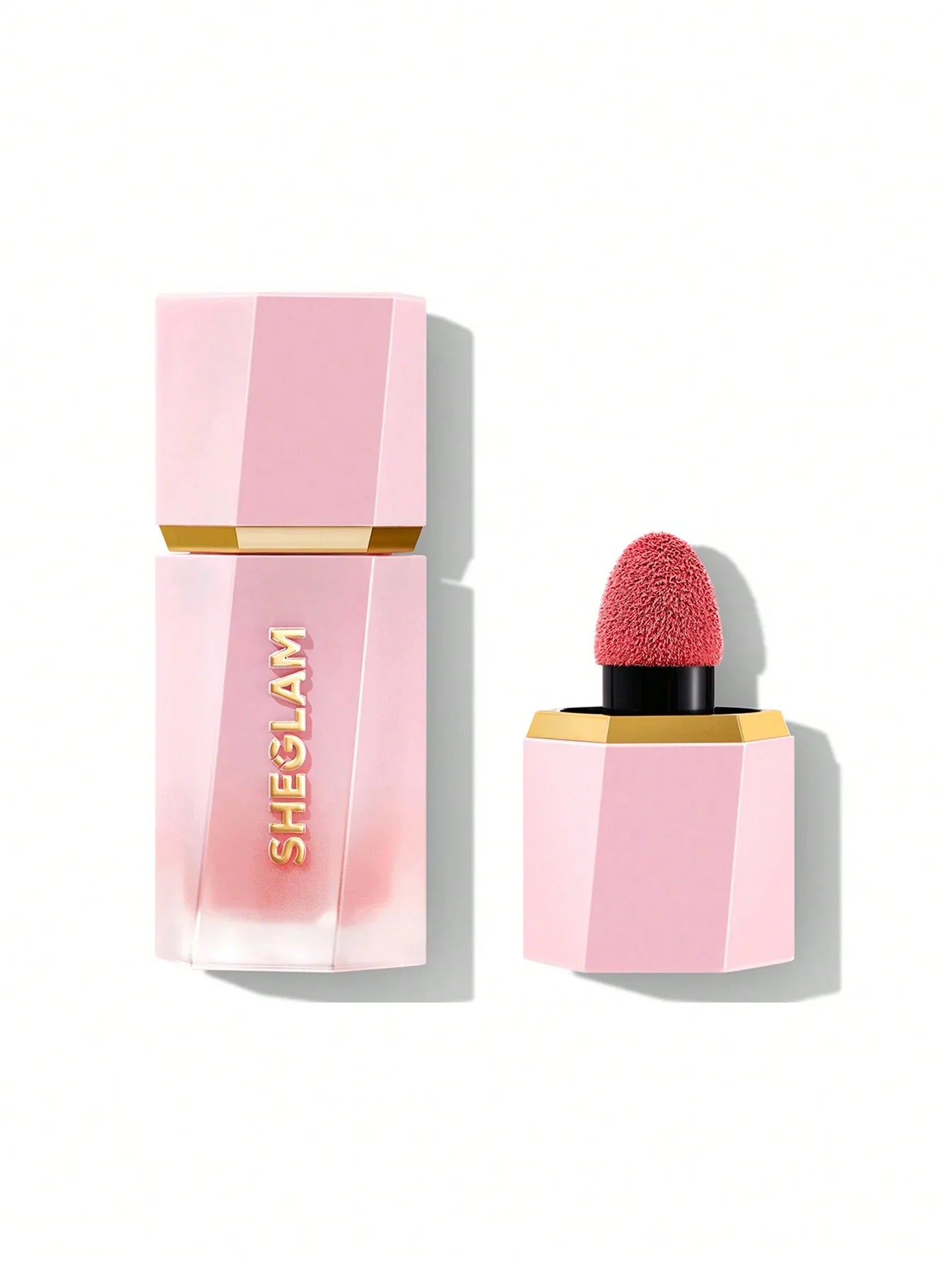 Pink SHEGLAM lipstick with textured applicator, elegant gold accents, beauty cosmetics