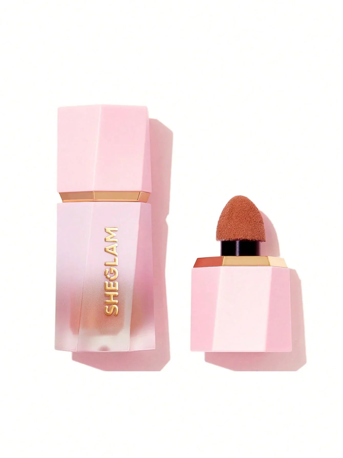 Sheglam liquid lipstick with sponge applicator in pink geometric packaging, beauty makeup product