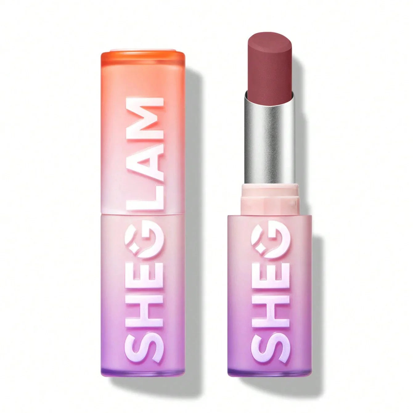 Sheglam matte lipstick in mauve shade with gradient pink-purple tube, beauty cosmetics