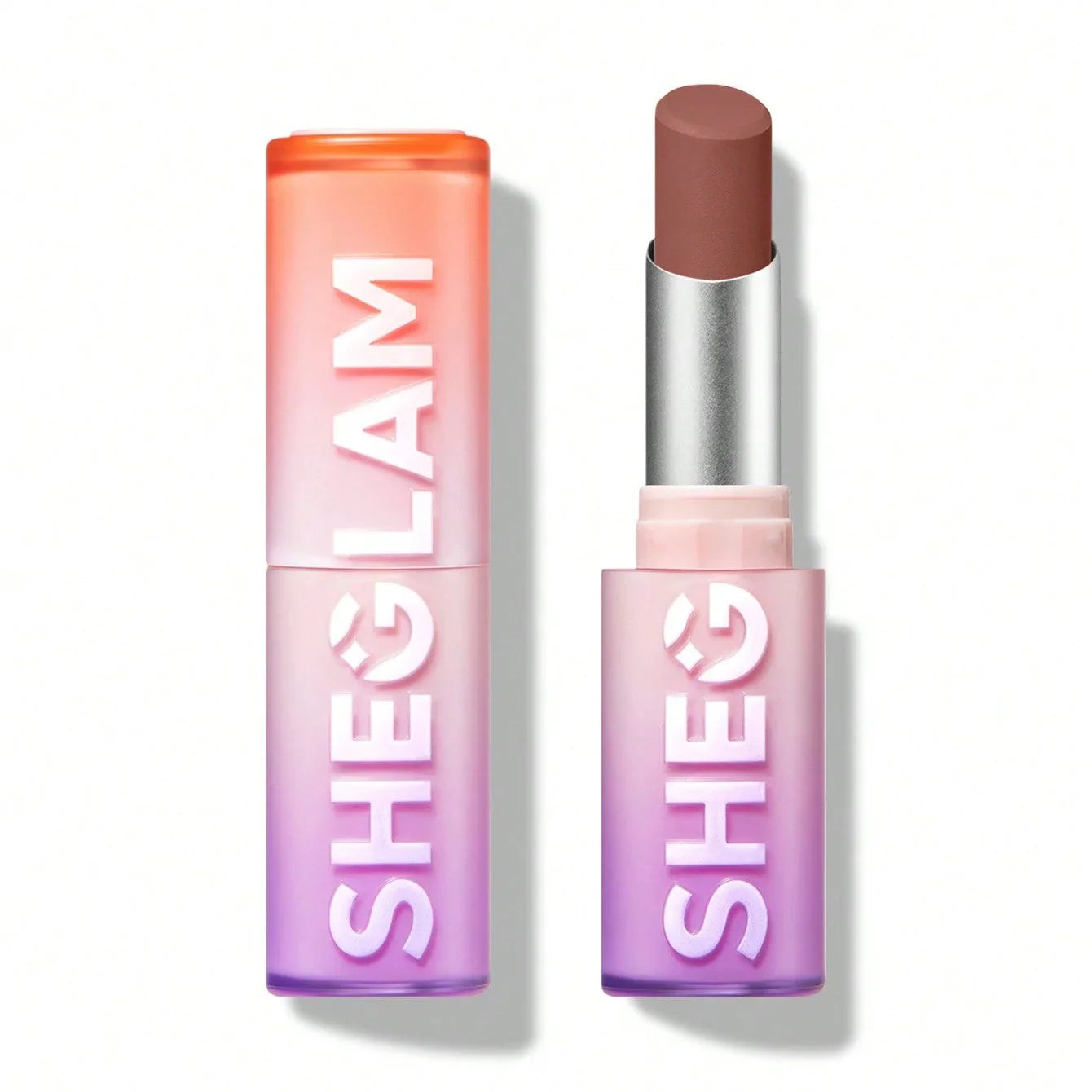 Sheglam matte lipstick in nude shade with gradient pink-purple tube, beauty cosmetics