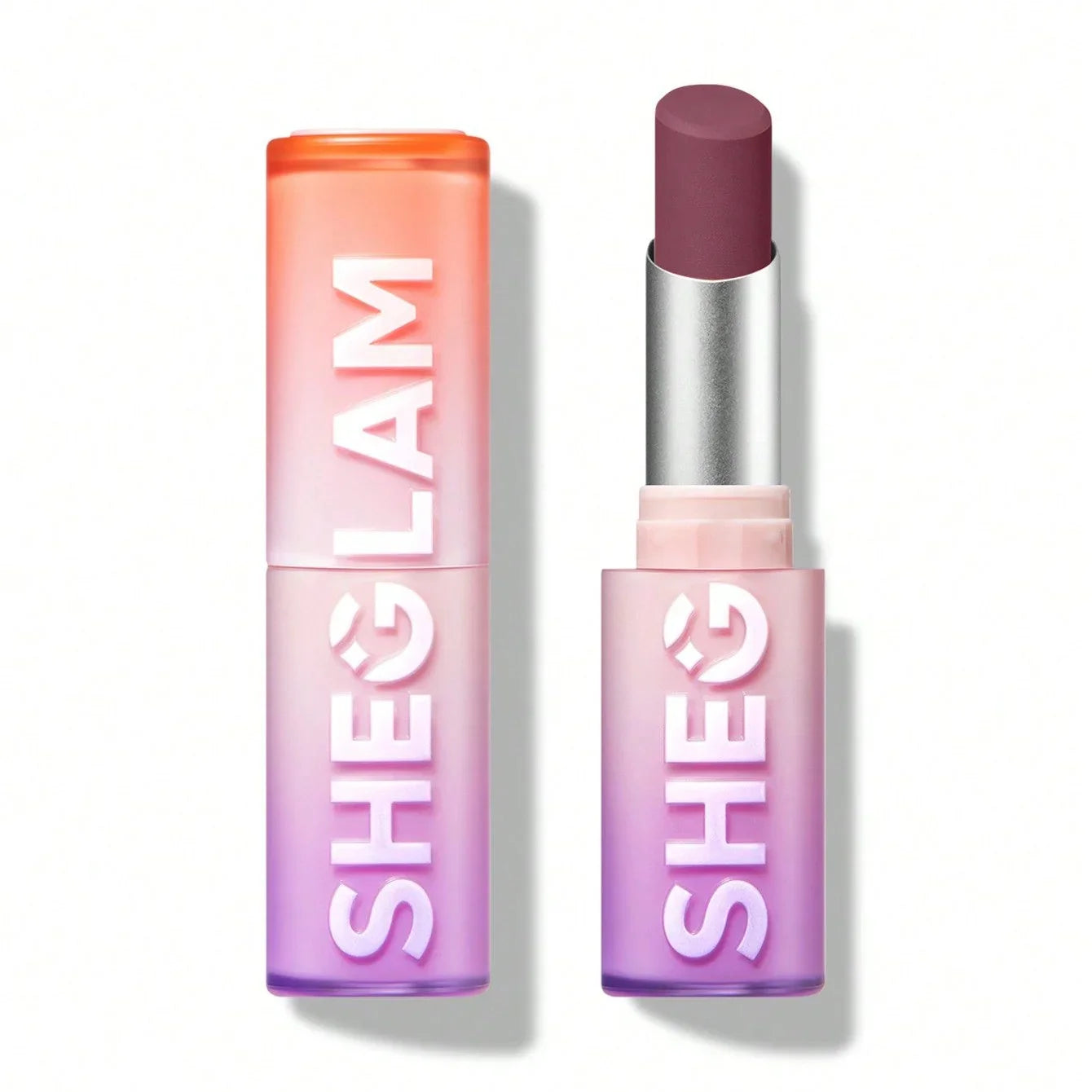Sheglam matte lipstick in deep berry shade with gradient pink-purple tube, beauty cosmetics