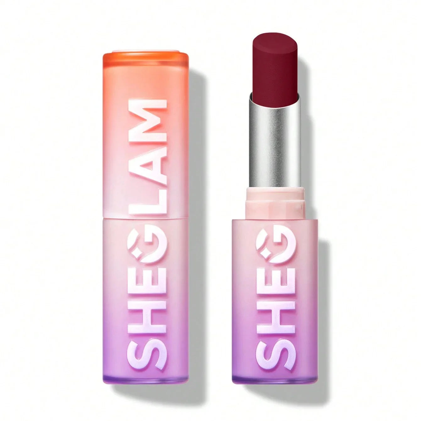 Sheglam matte lipstick in deep red with gradient pink-purple tube, beauty cosmetics